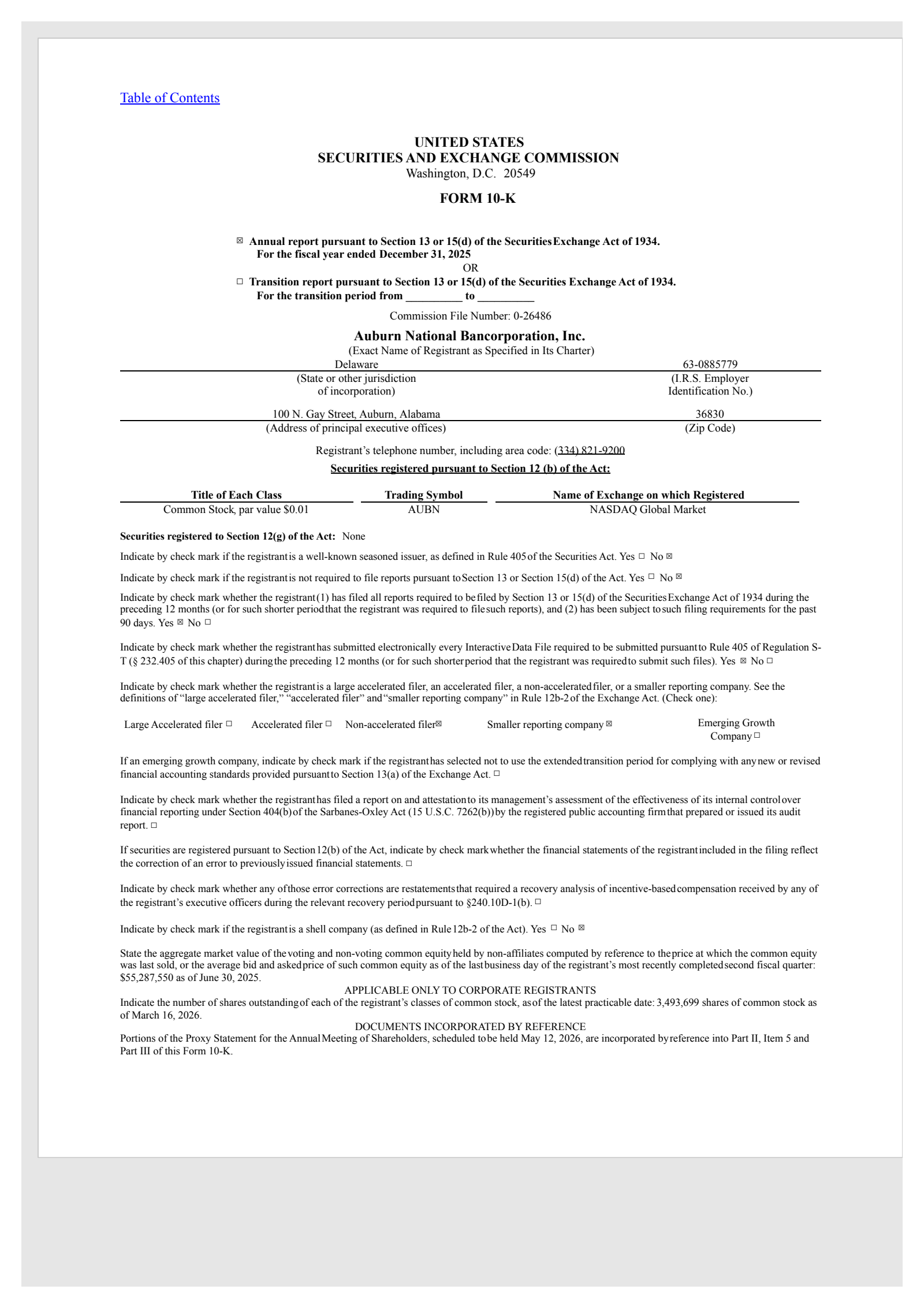 Auburn National Bancorporation's Q4 2025 Annual report