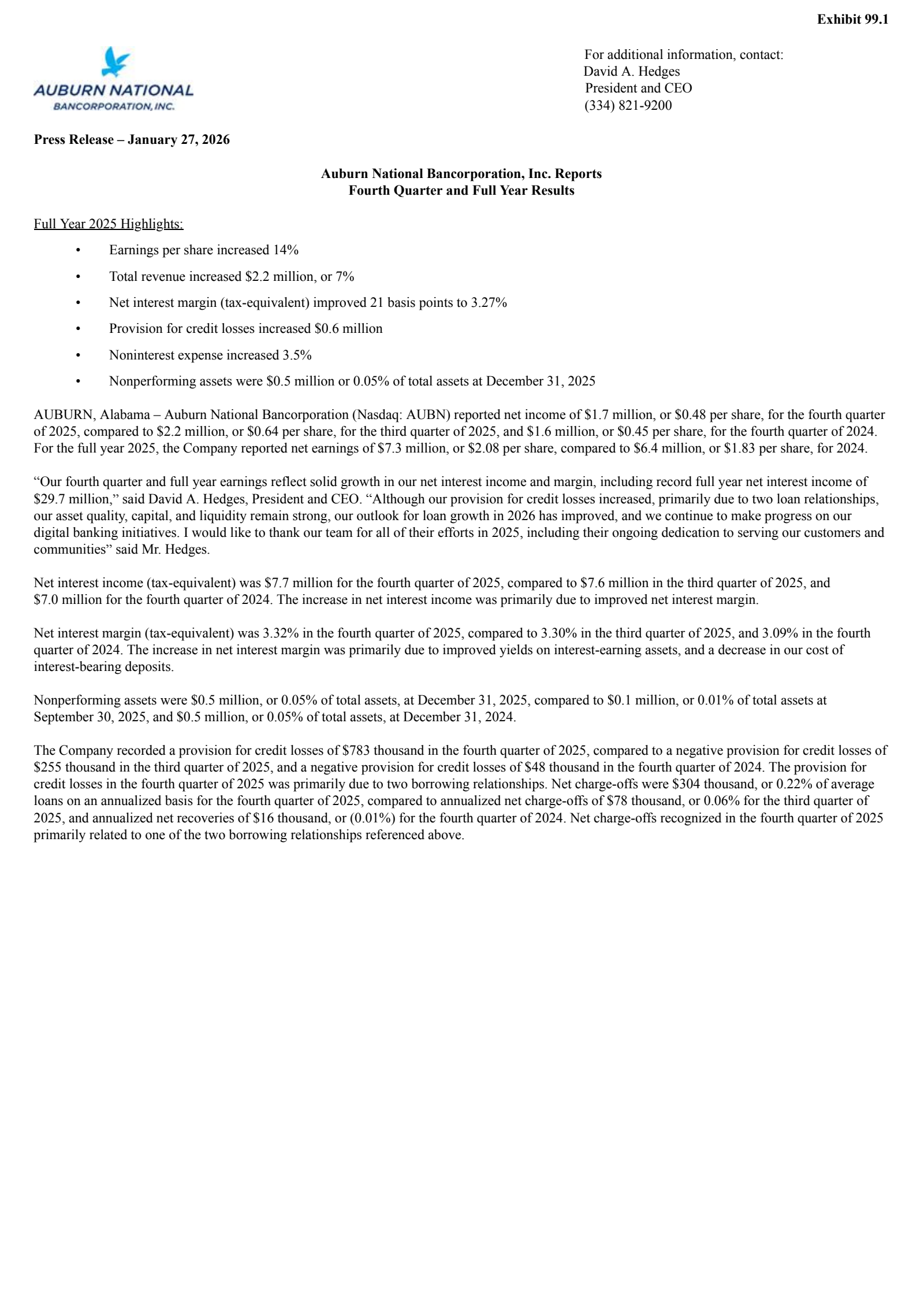 Auburn National Bancorporation's Q4 2025 Press Release