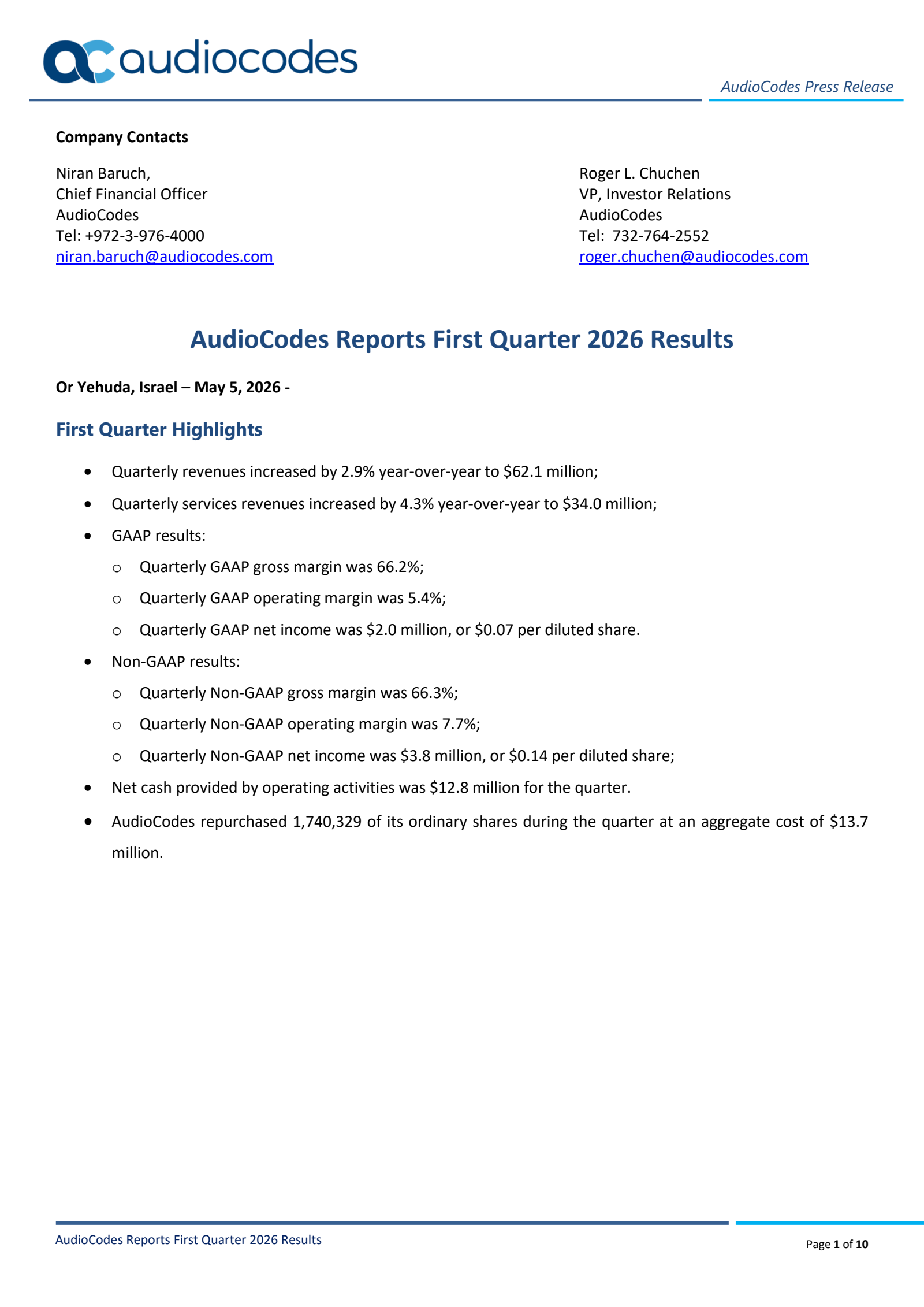 AudioCodes' Q1 2026 Press Release
