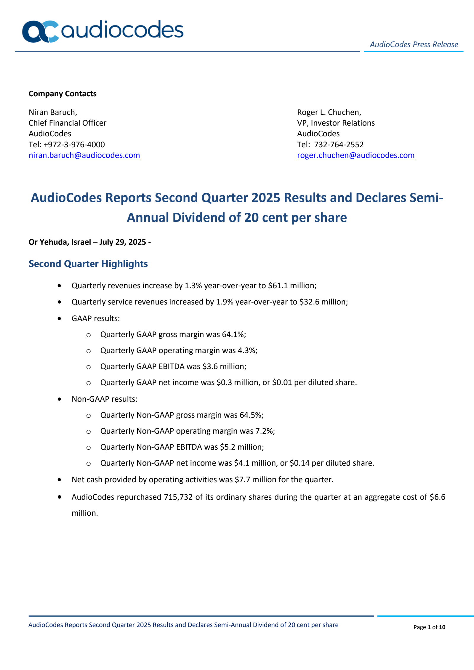 AUDC Q2 2025 Earnings Report on 7/29/2025