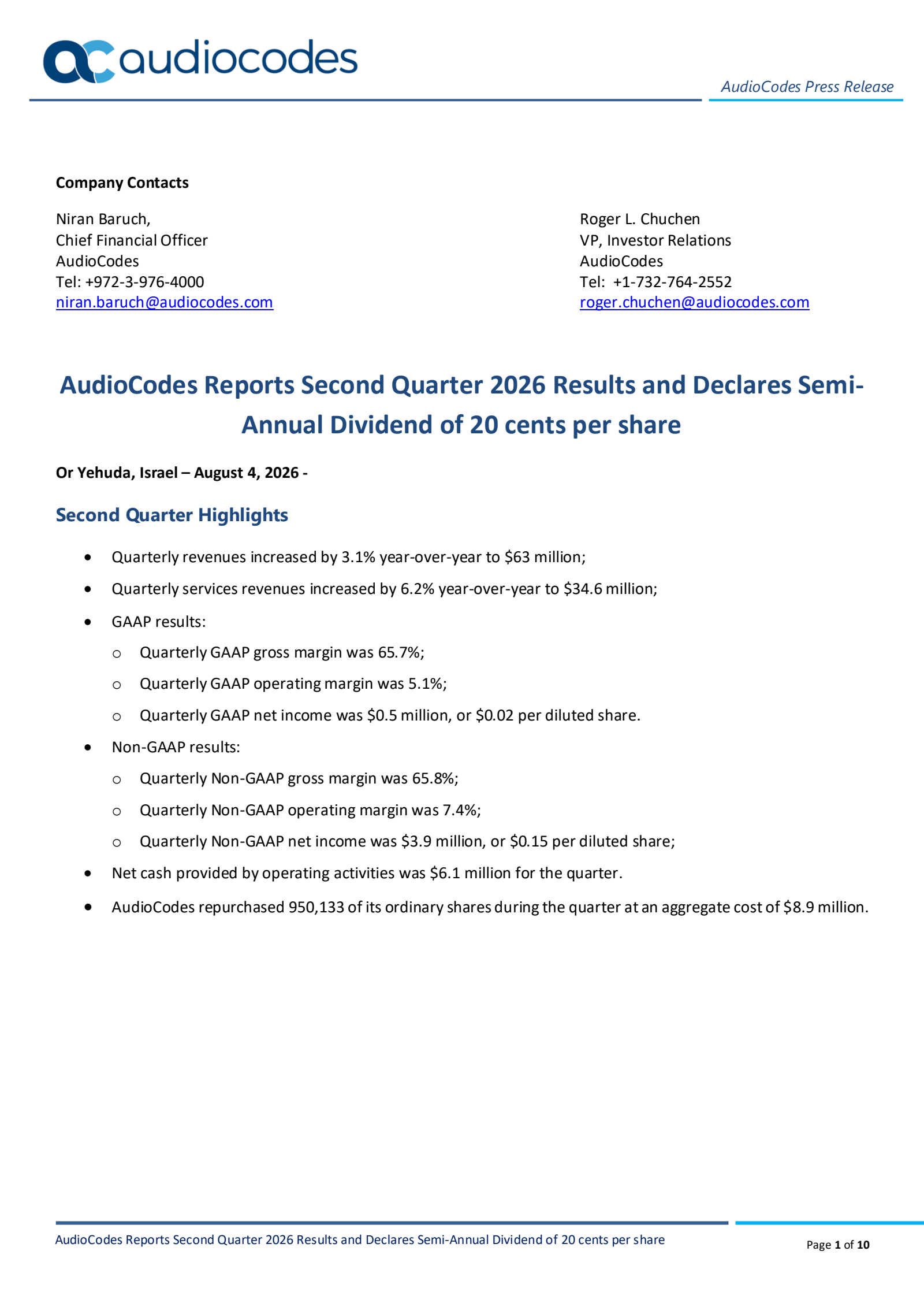 AudioCodes' Q2 2026 Press Release