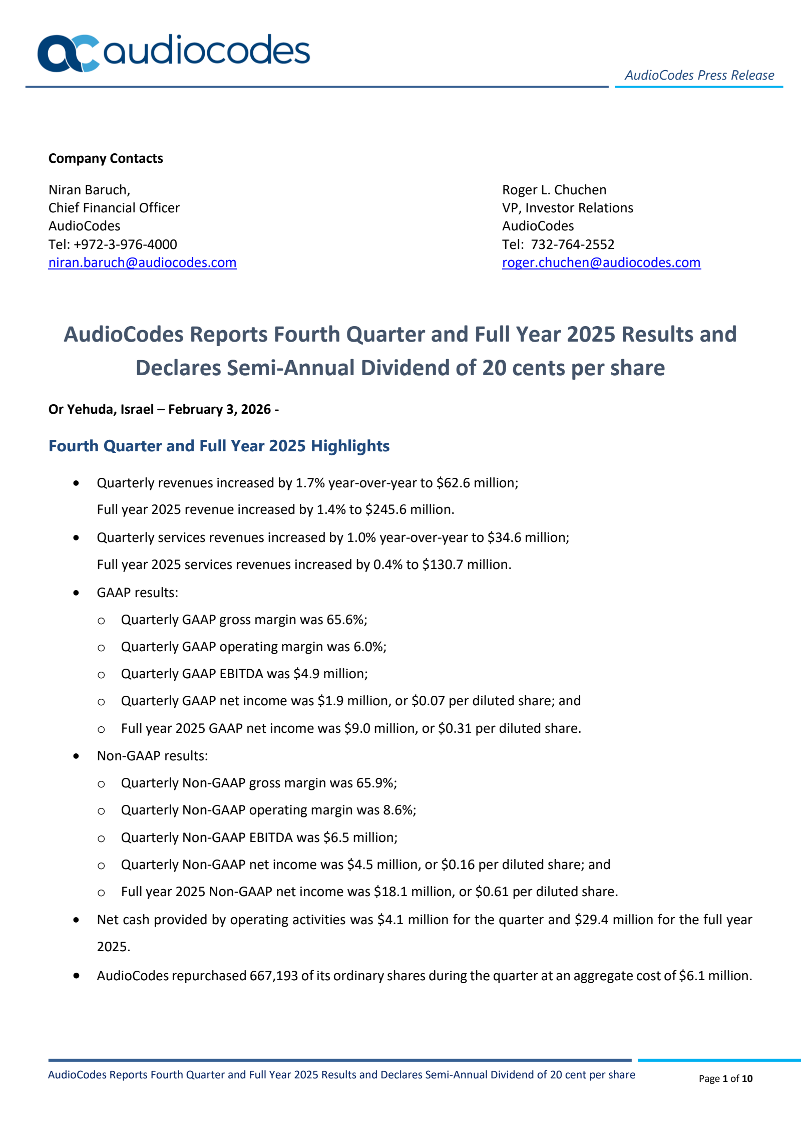 AudioCodes' Q4 2025 Press Release