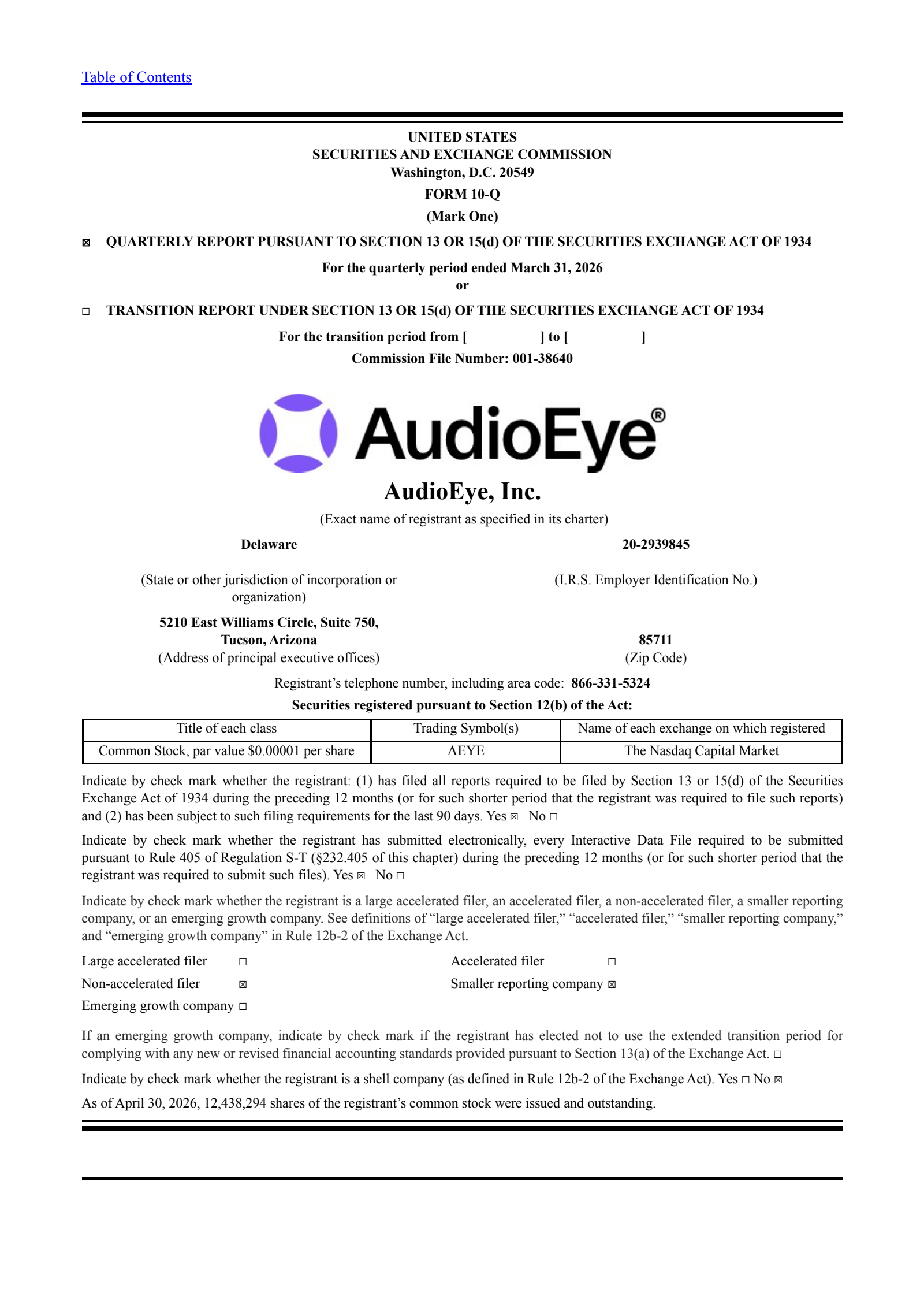 Audioeye's Q1 2026 Quarterly report
