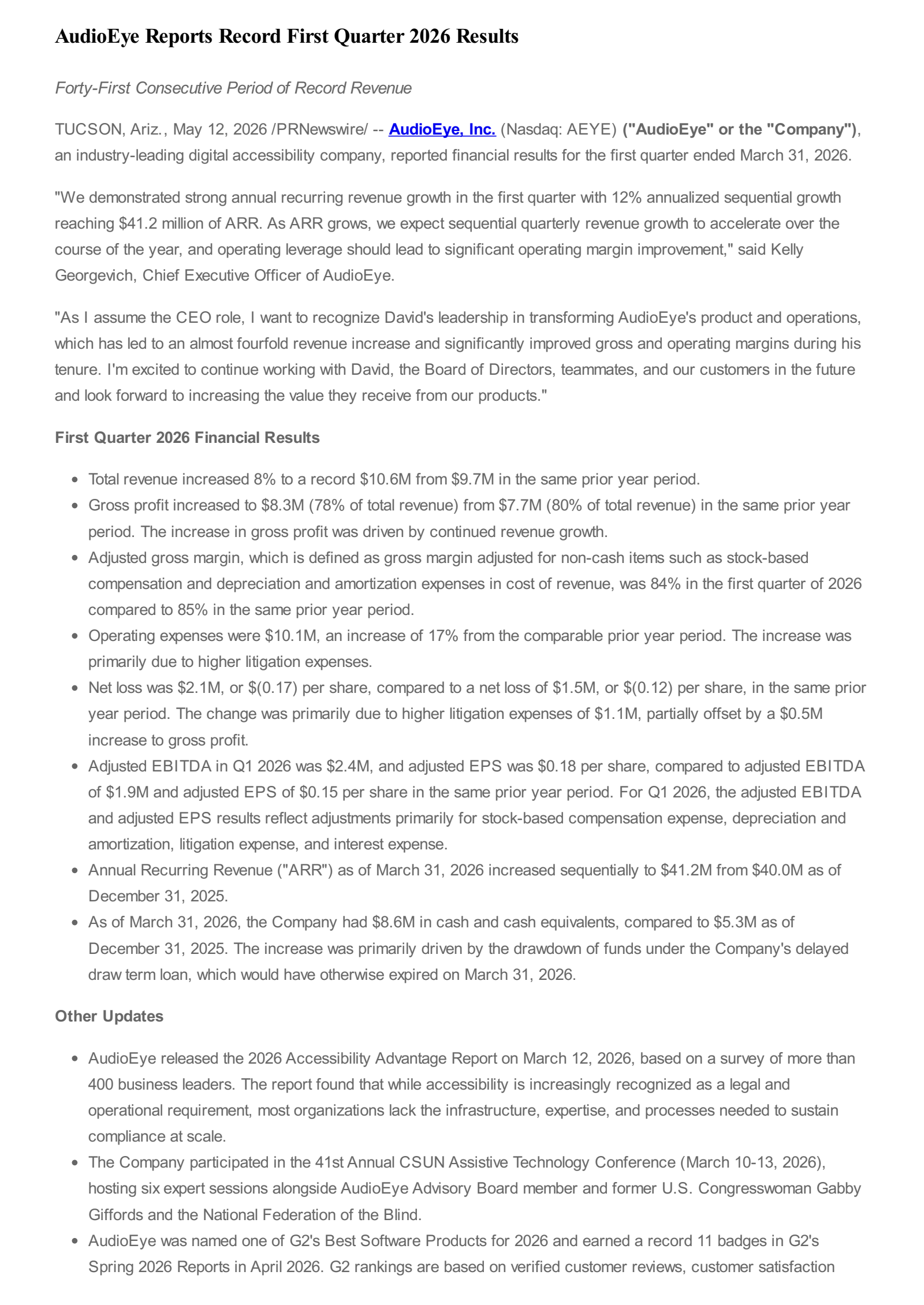 Audioeye's Q1 2026 Press Release