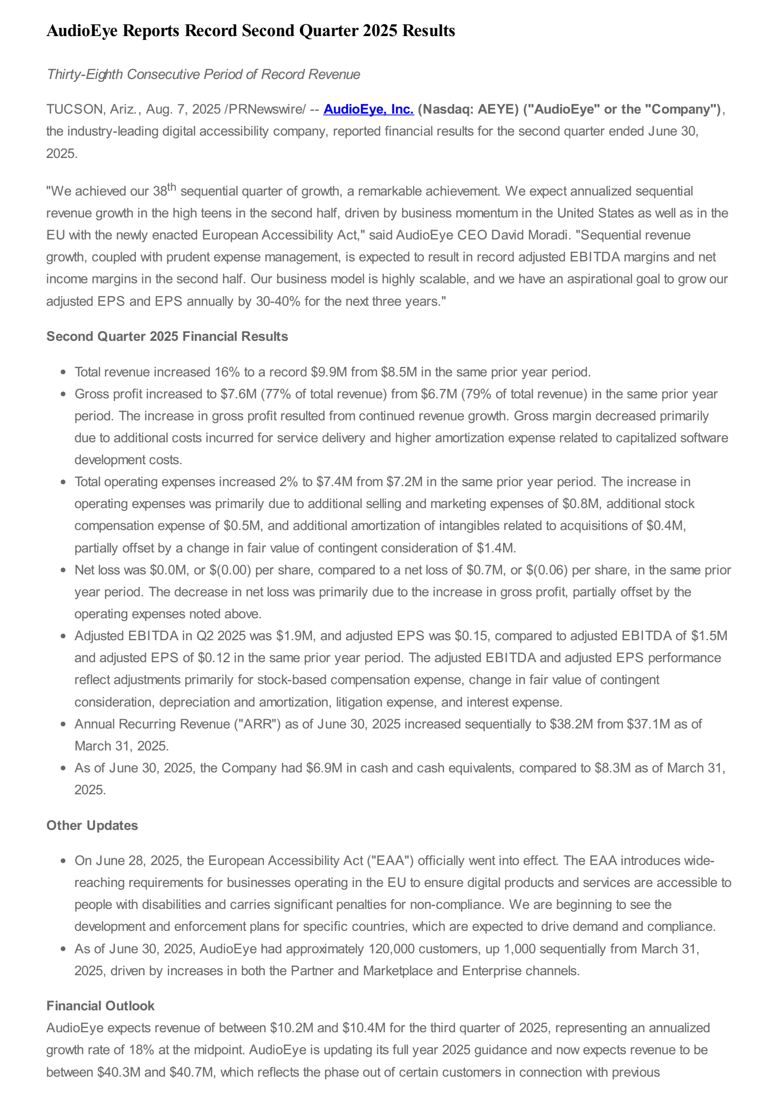 Audioeye's Q2 2025 Press Release