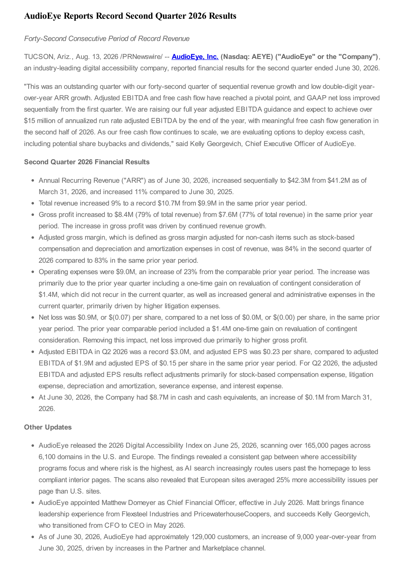 Audioeye's Q2 2026 Press Release
