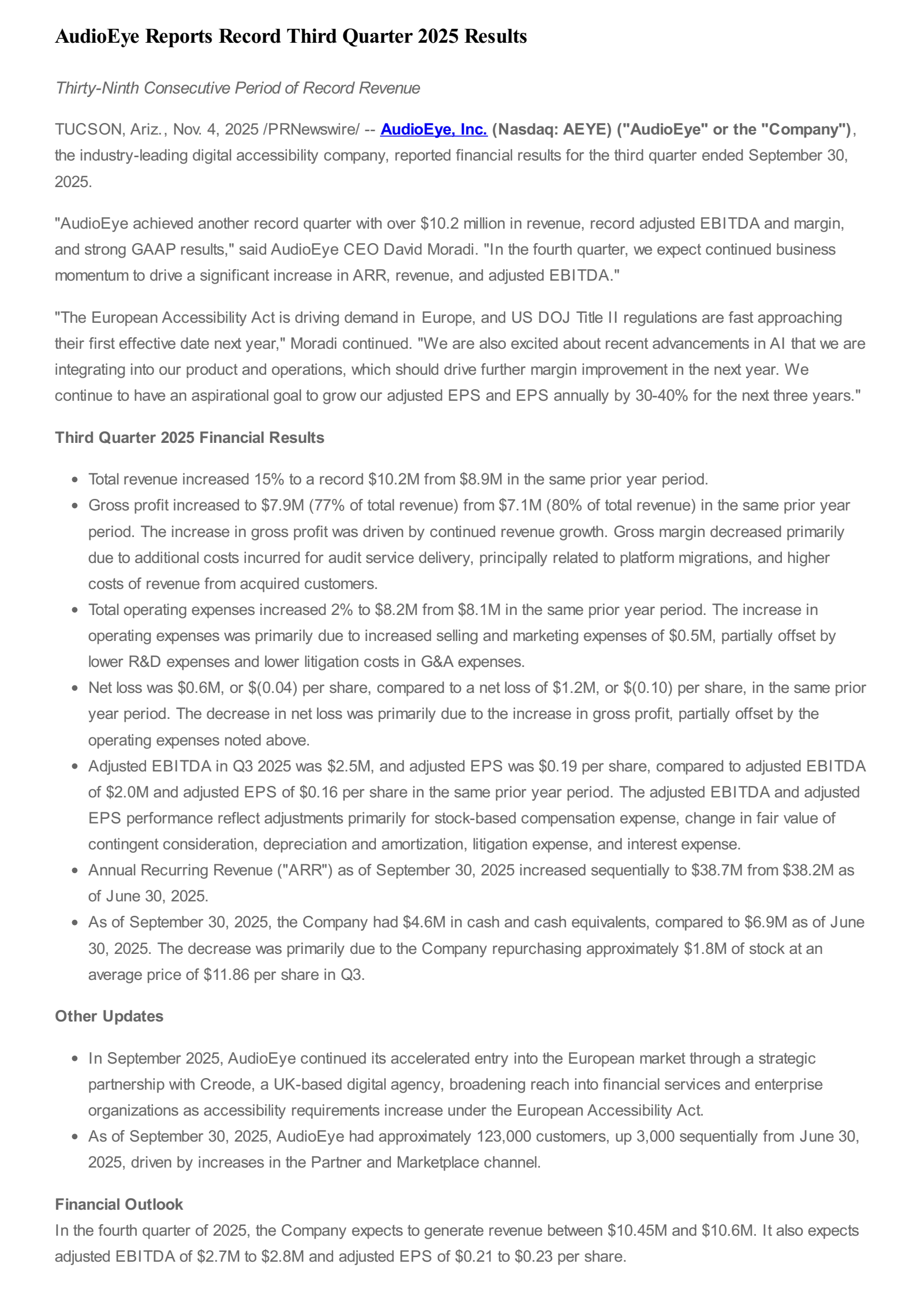 Audioeye's Q3 2025 Earnings Release