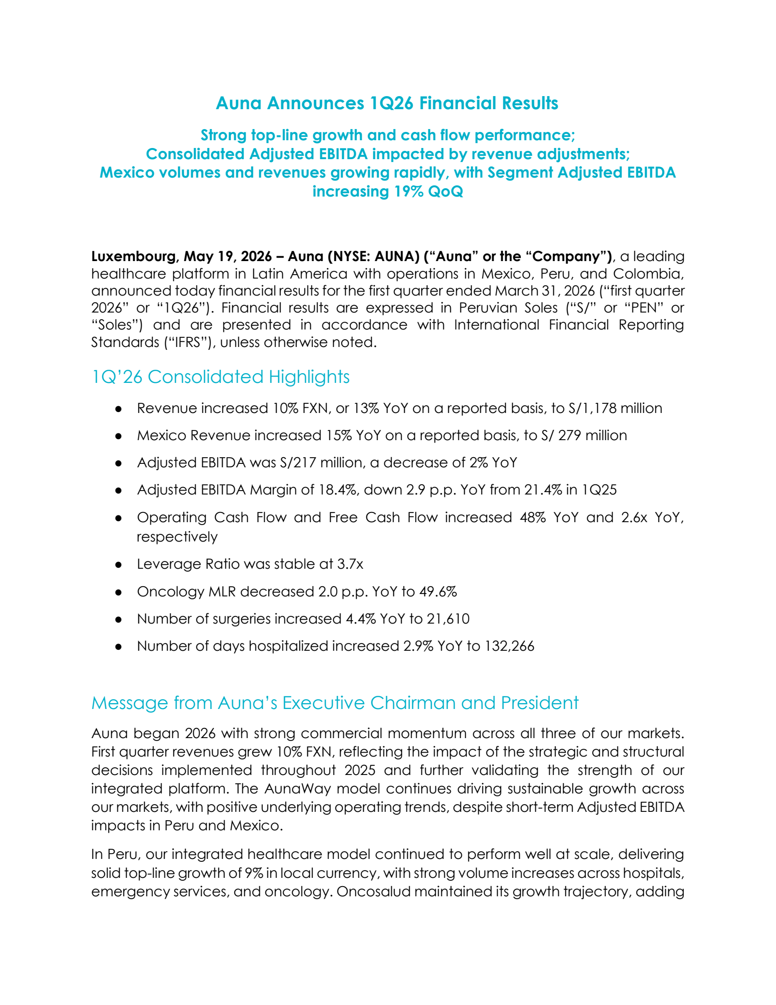 Auna's Q1 2026 Press Release