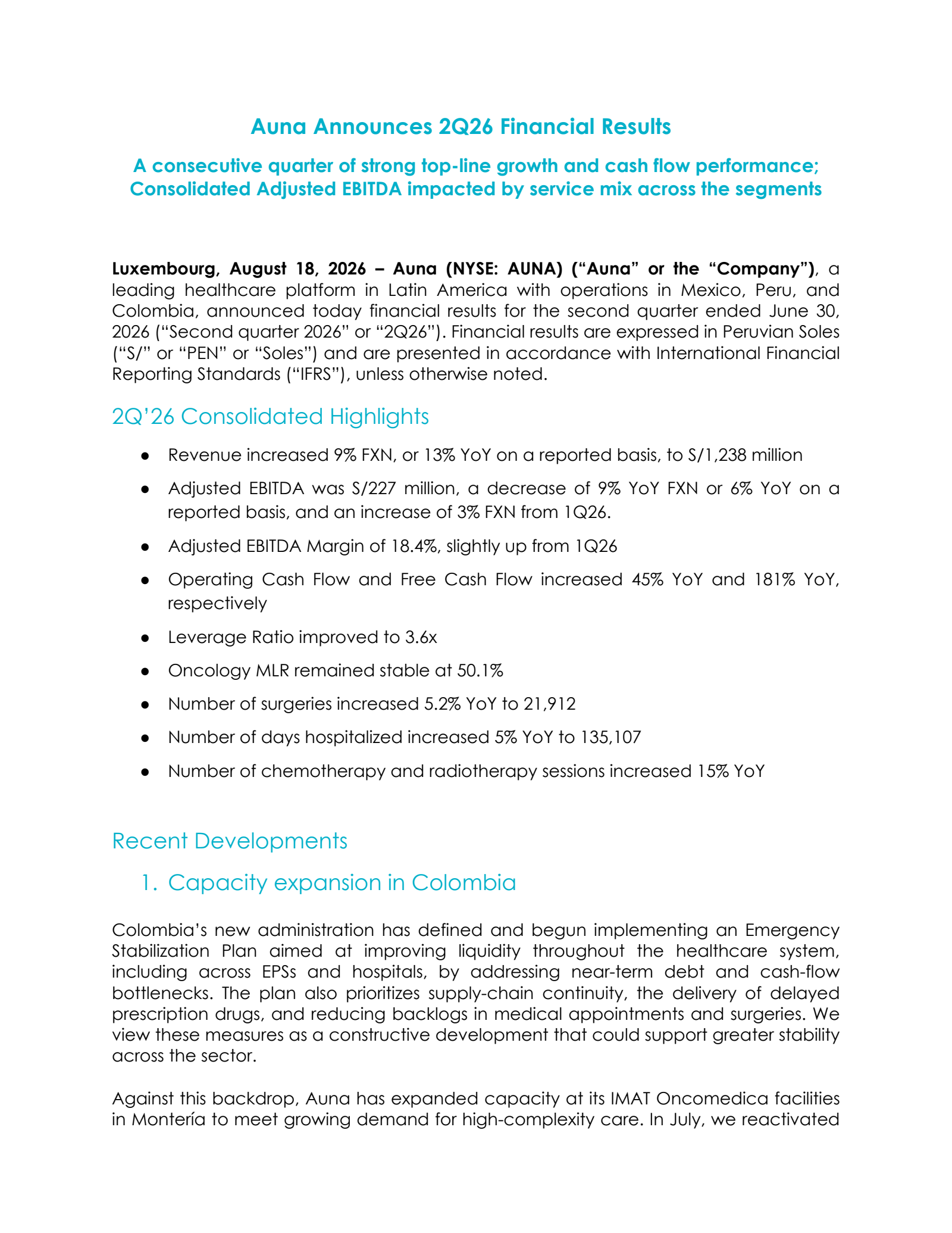 Auna's Q2 2026 Press Release