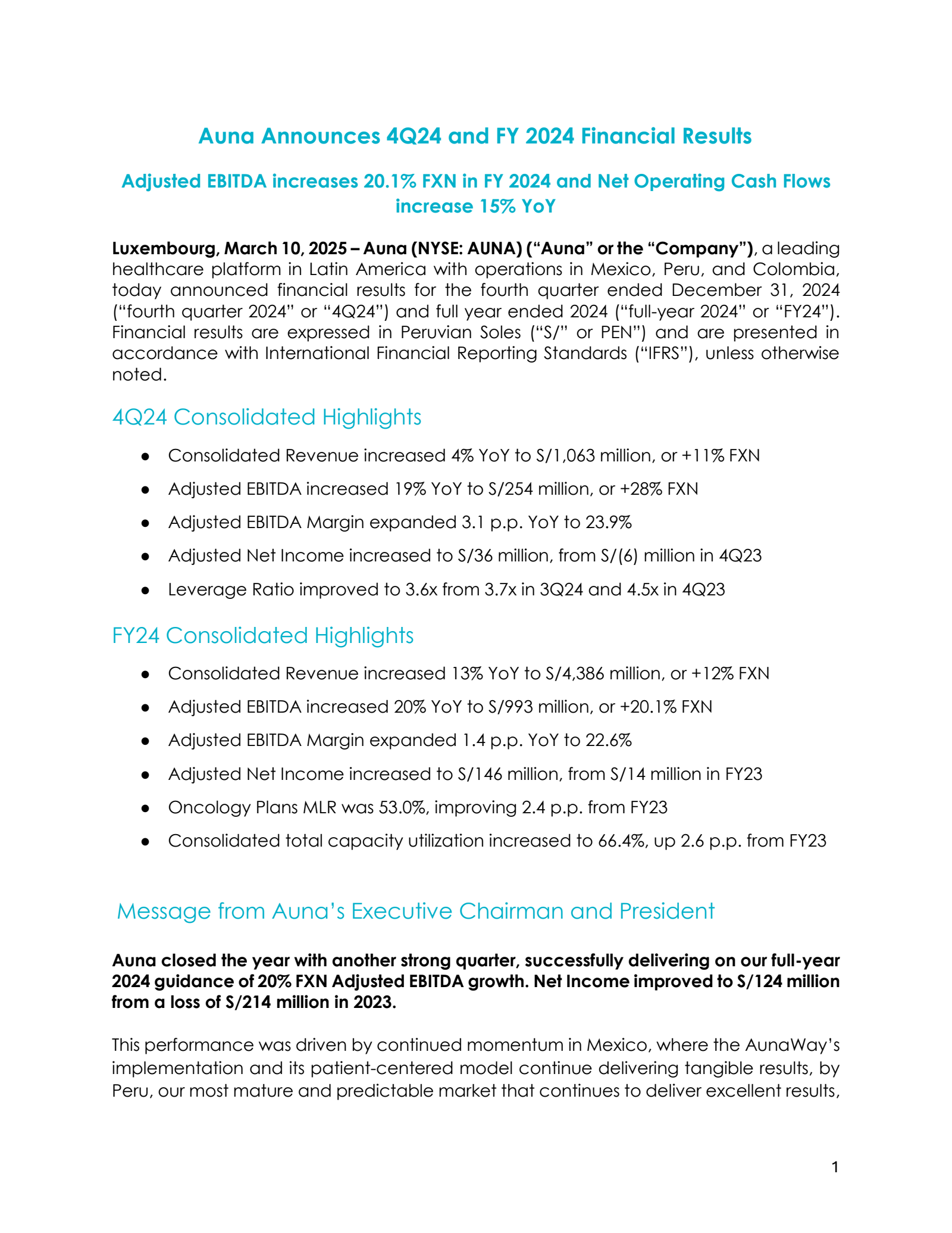 Auna's Q4 2024 Press Release