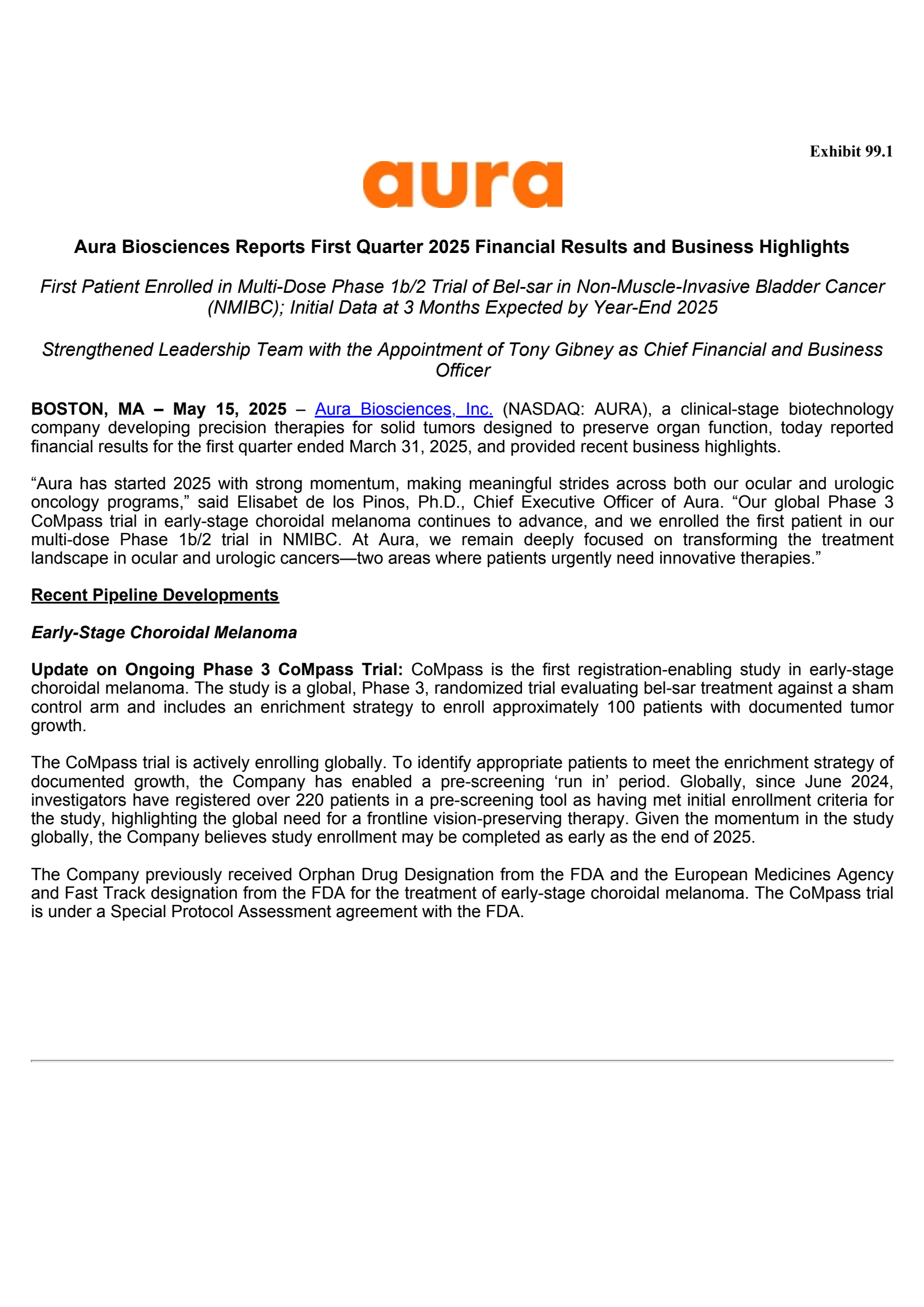 Aura Biosciences' Q1 2025 Press Release