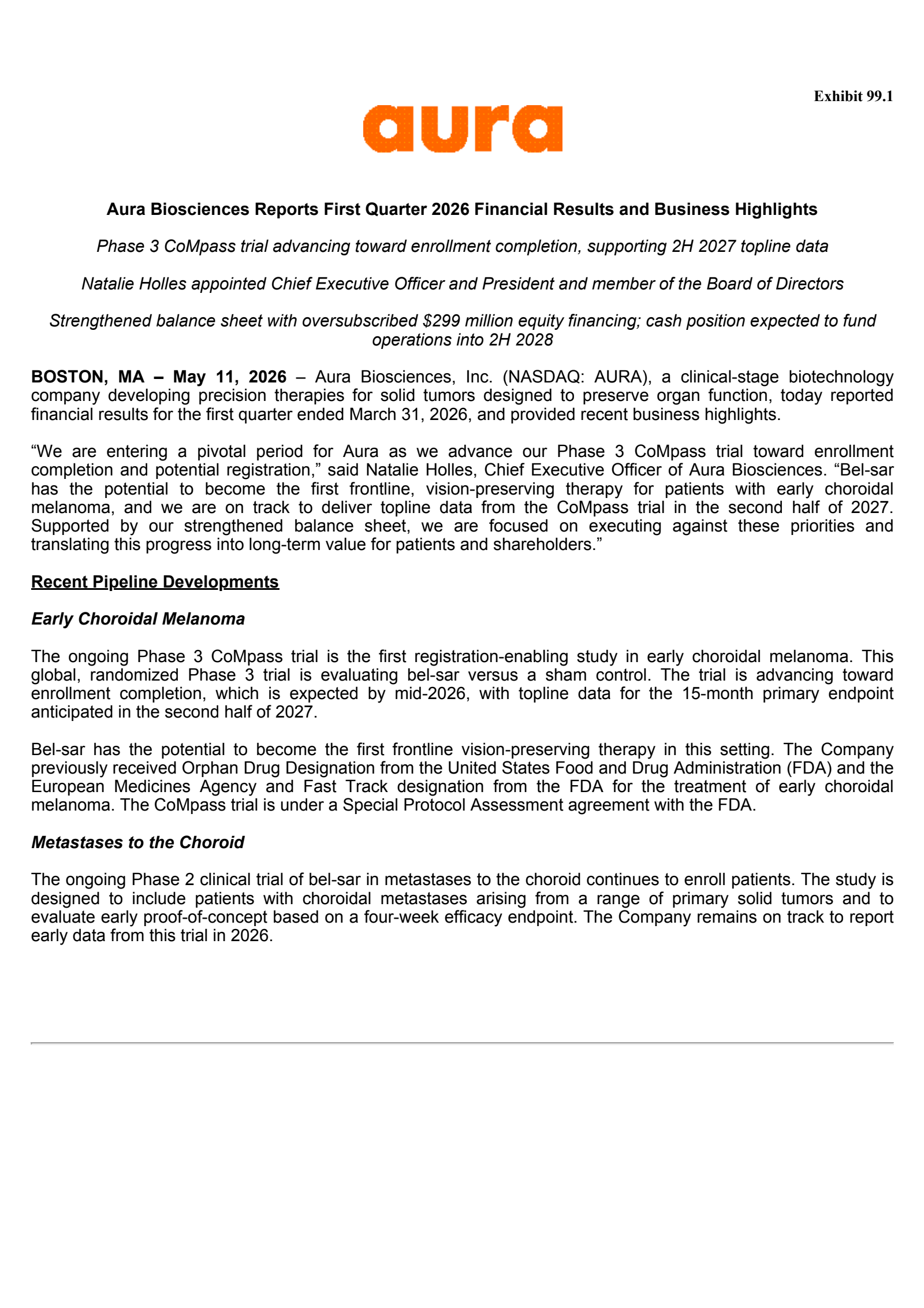 Aura Biosciences' Q1 2026 Press Release