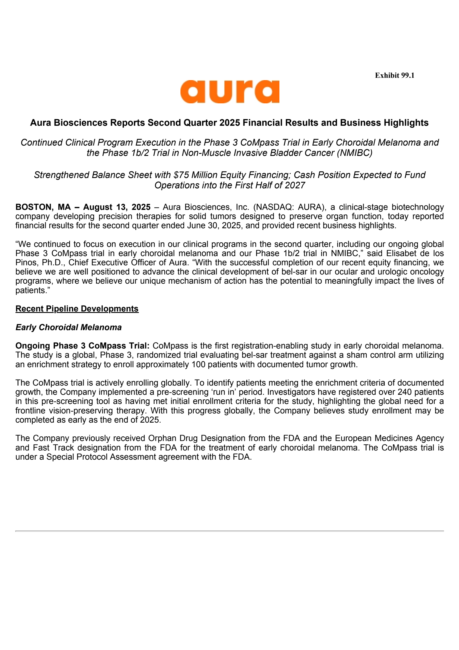 Aura Biosciences' Q2 2025 Press Release