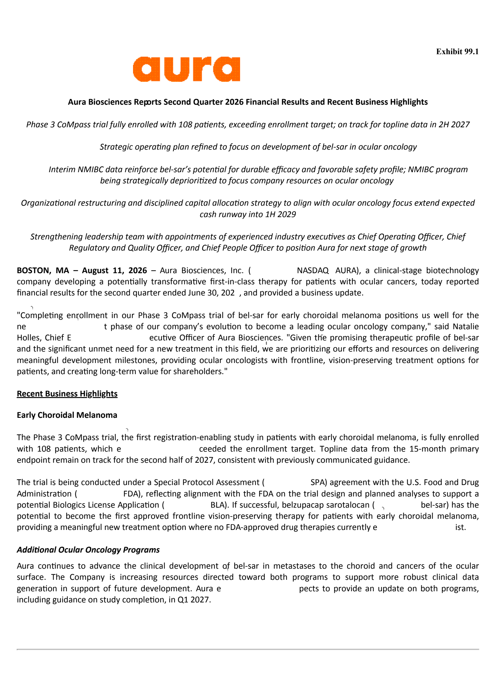 Aura Biosciences' Q2 2026 Press Release