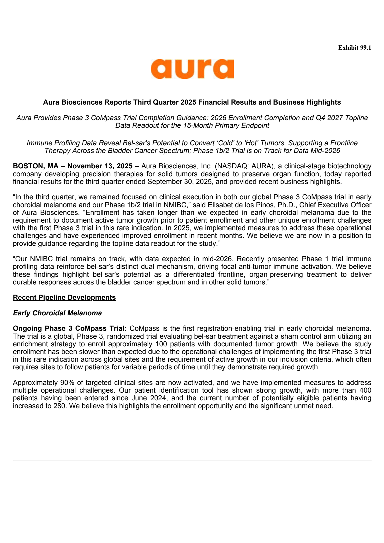 Aura Biosciences' Q3 2025 Earnings Release