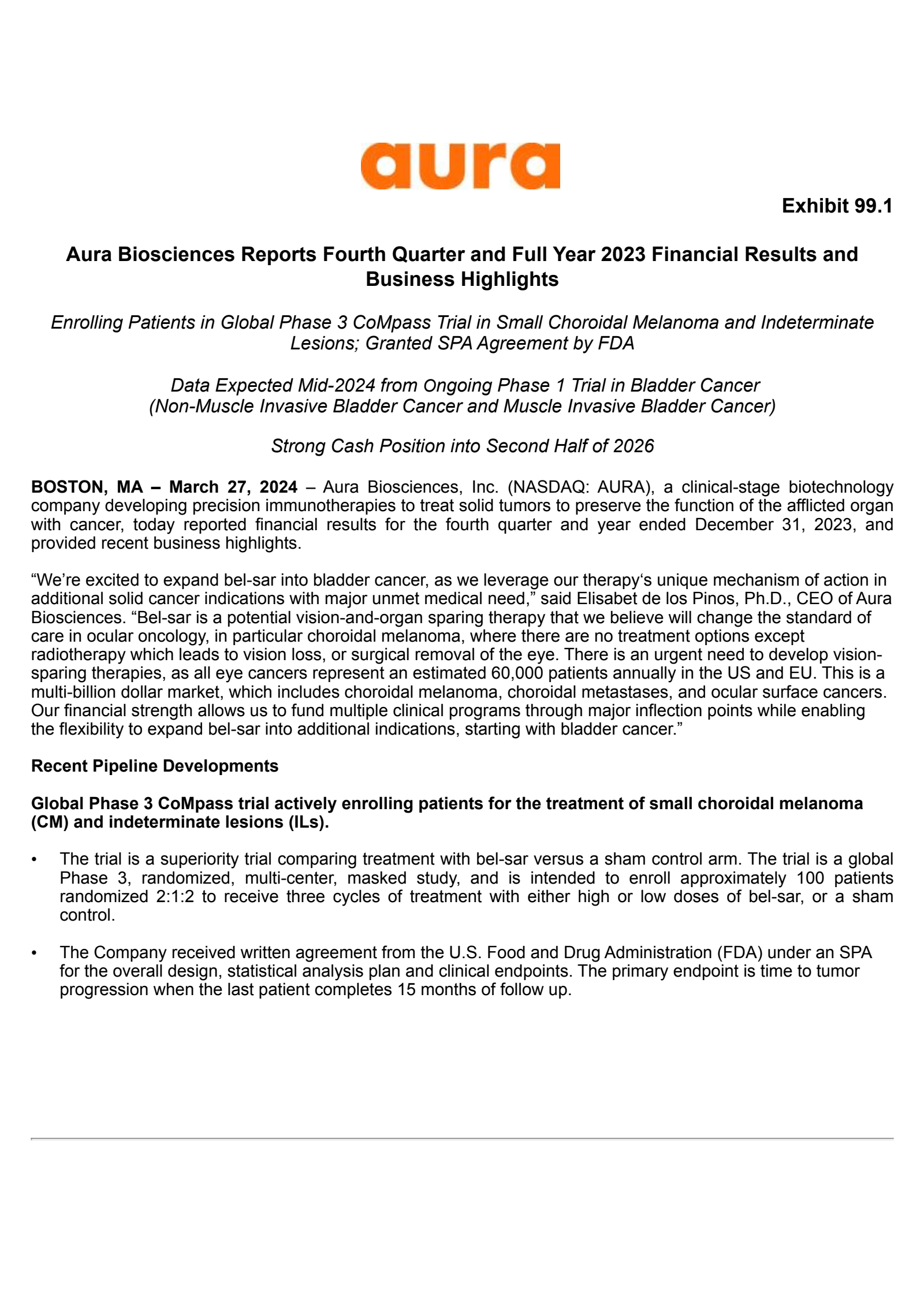 Aura Biosciences' Q4 2023 Press Release