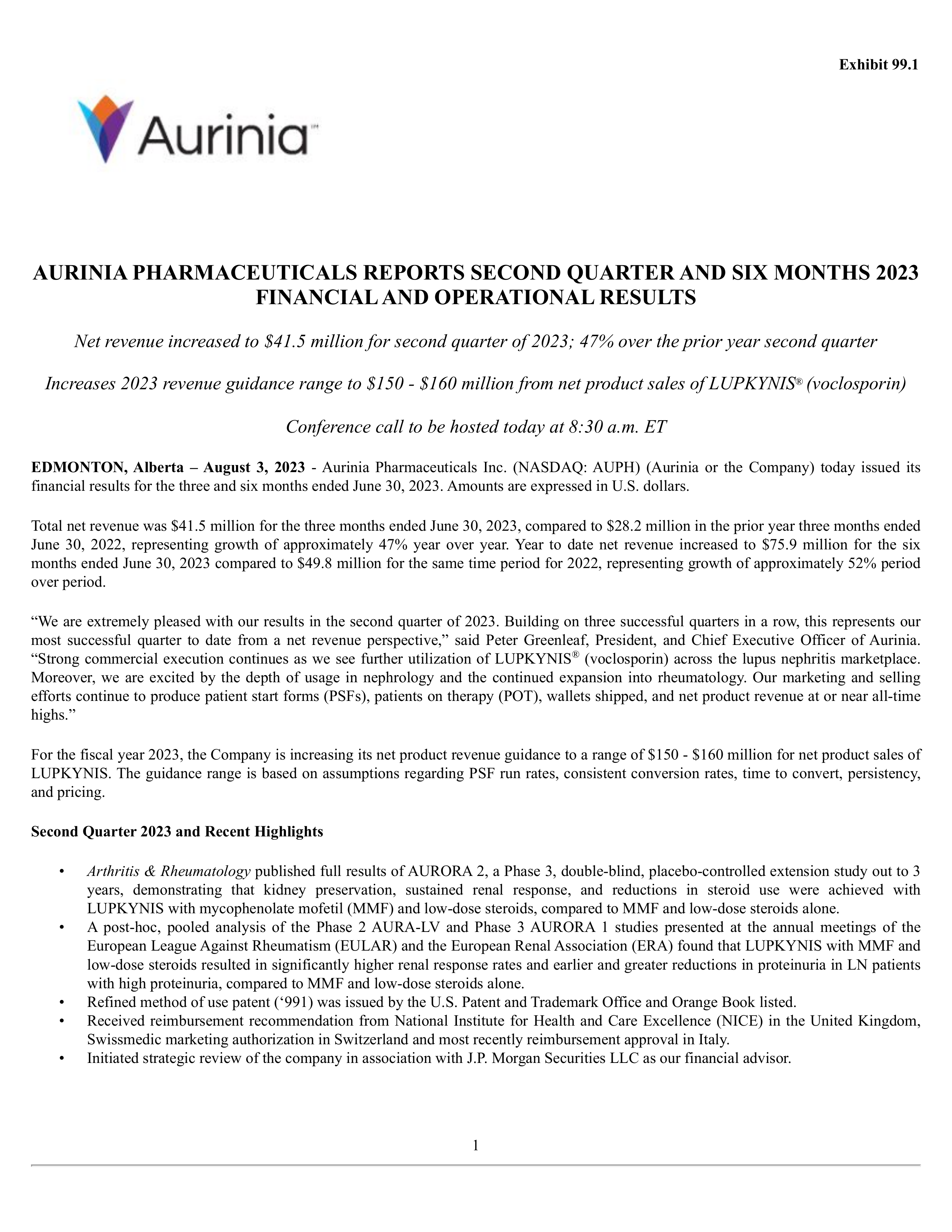 Aurinia Pharmaceuticals' Q2 2023 Press Release