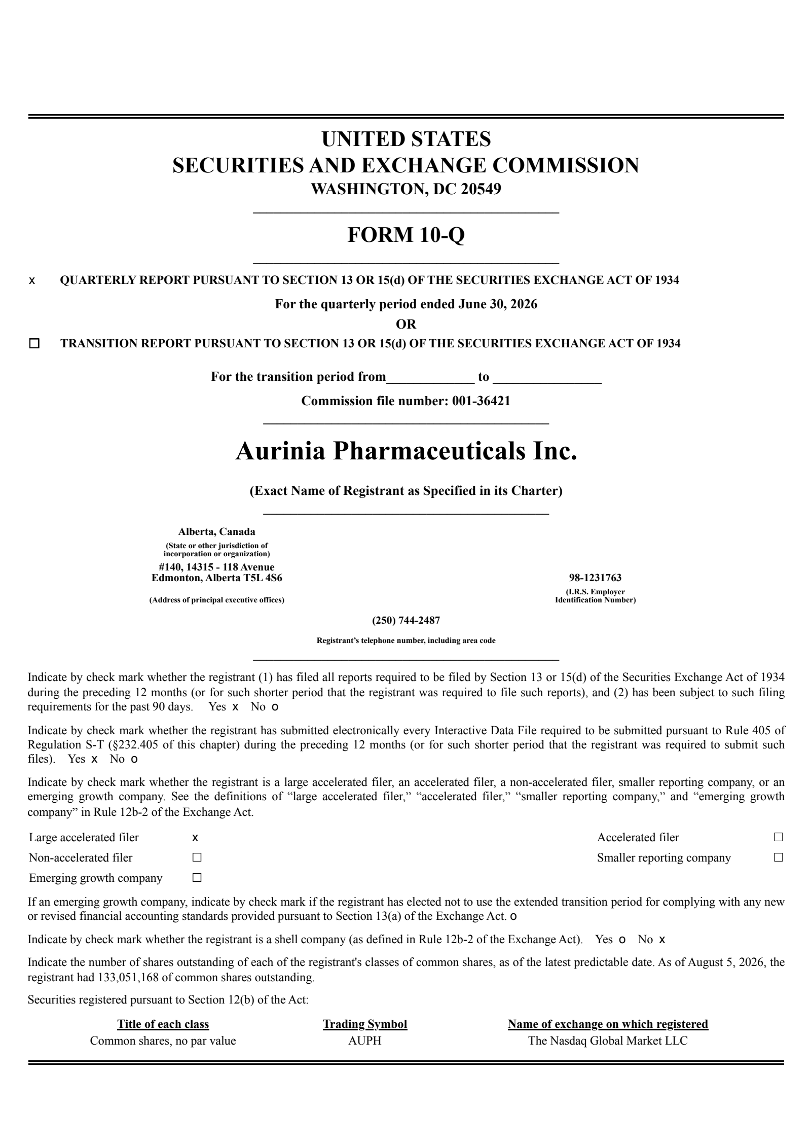 Aurinia Pharmaceuticals' Q2 2026 Quarterly report