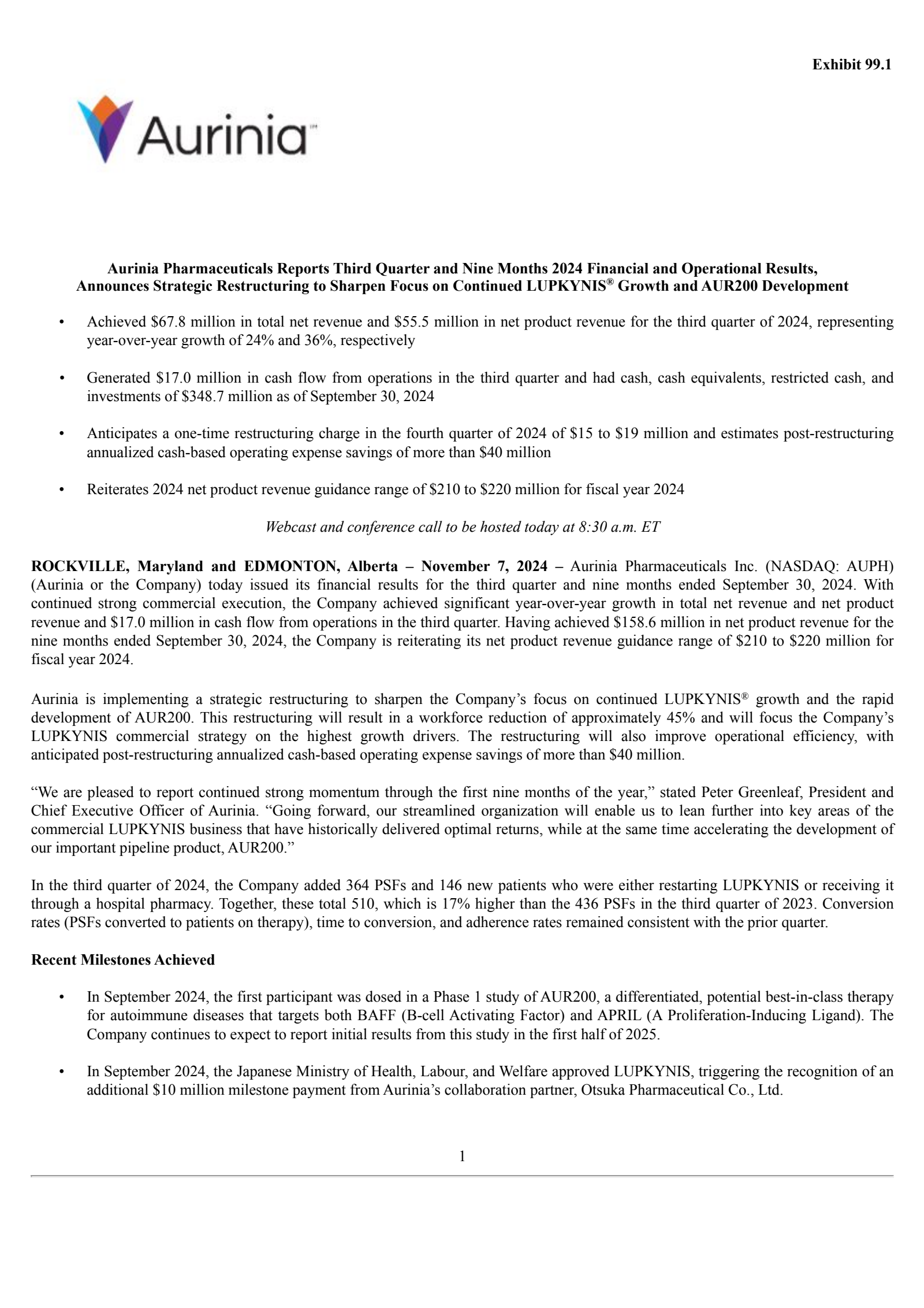 Aurinia Pharmaceuticals' Q3 2024 Press Release