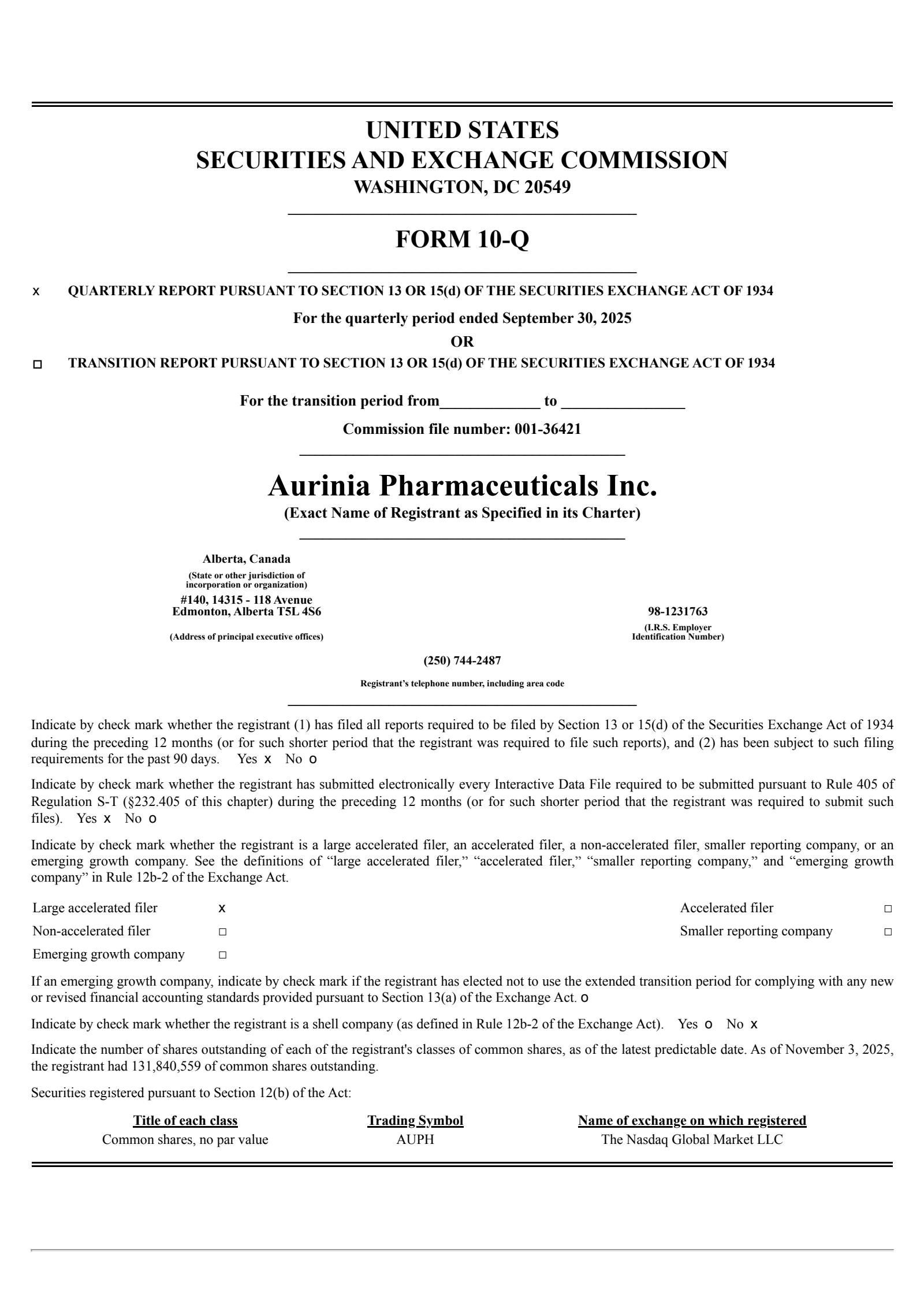 Aurinia Pharmaceuticals' Q3 2025 Quarterly Report