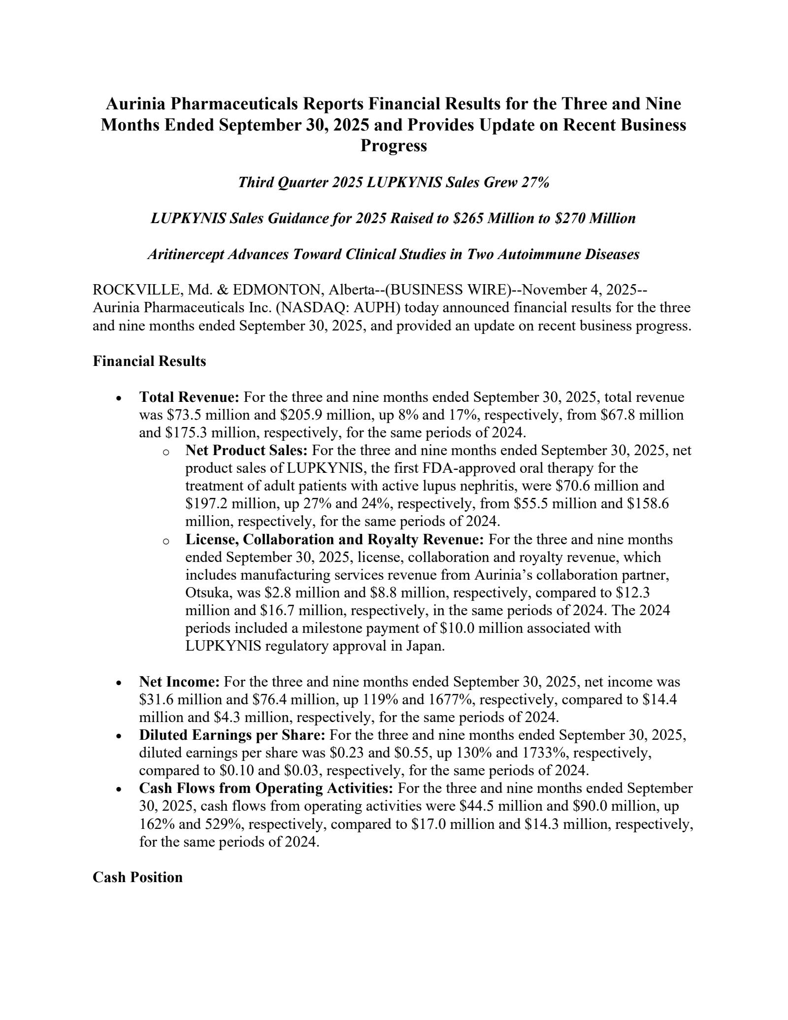 Aurinia Pharmaceuticals' Q3 2025 Earnings Release