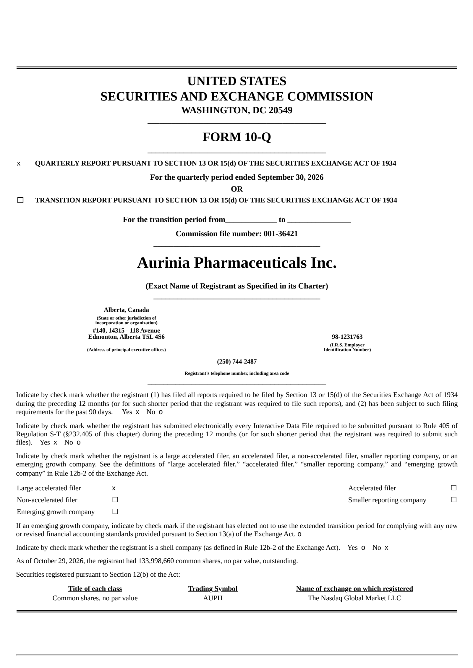 Aurinia Pharmaceuticals' Q3 2026 Quarterly report