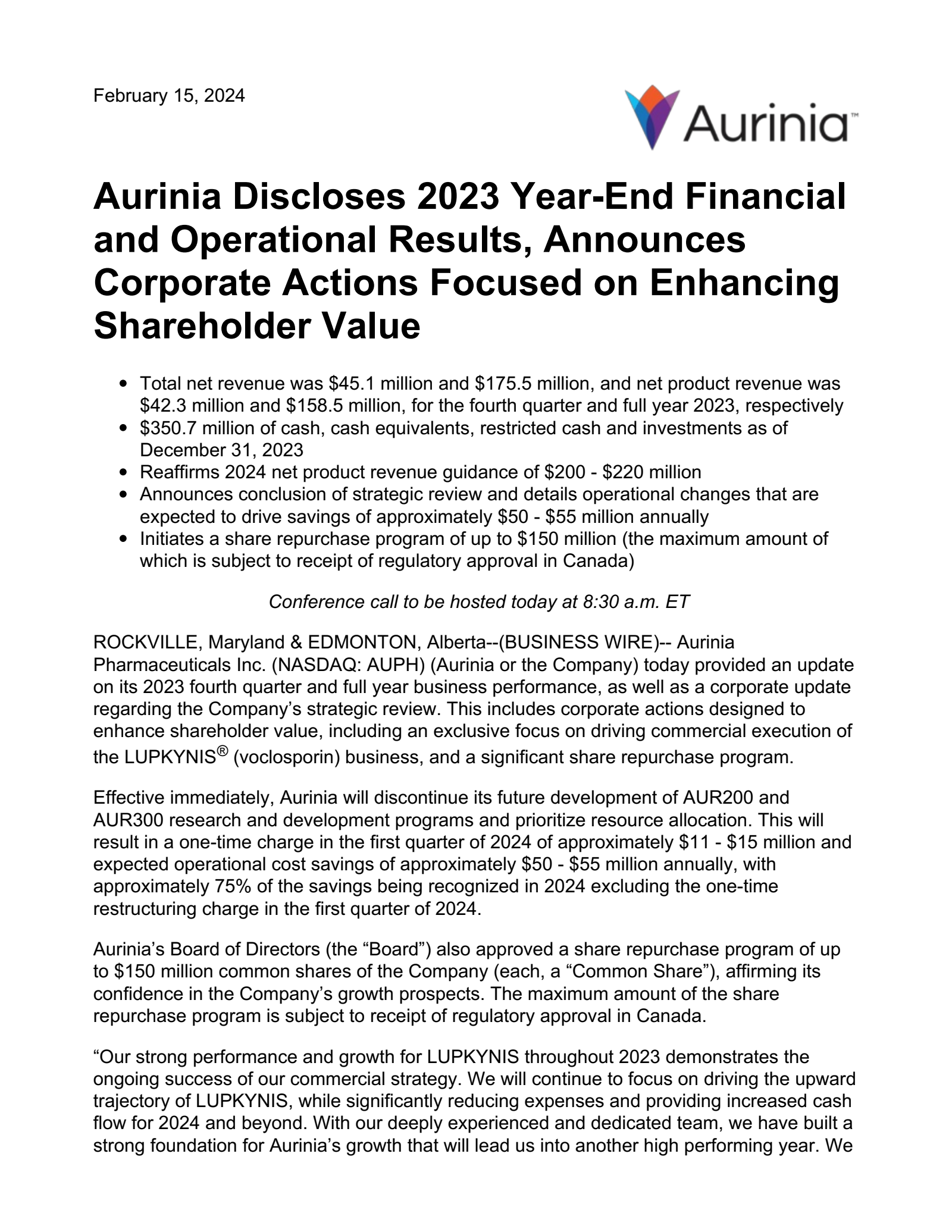 Aurinia Pharmaceuticals' Q4 2023 Press Release