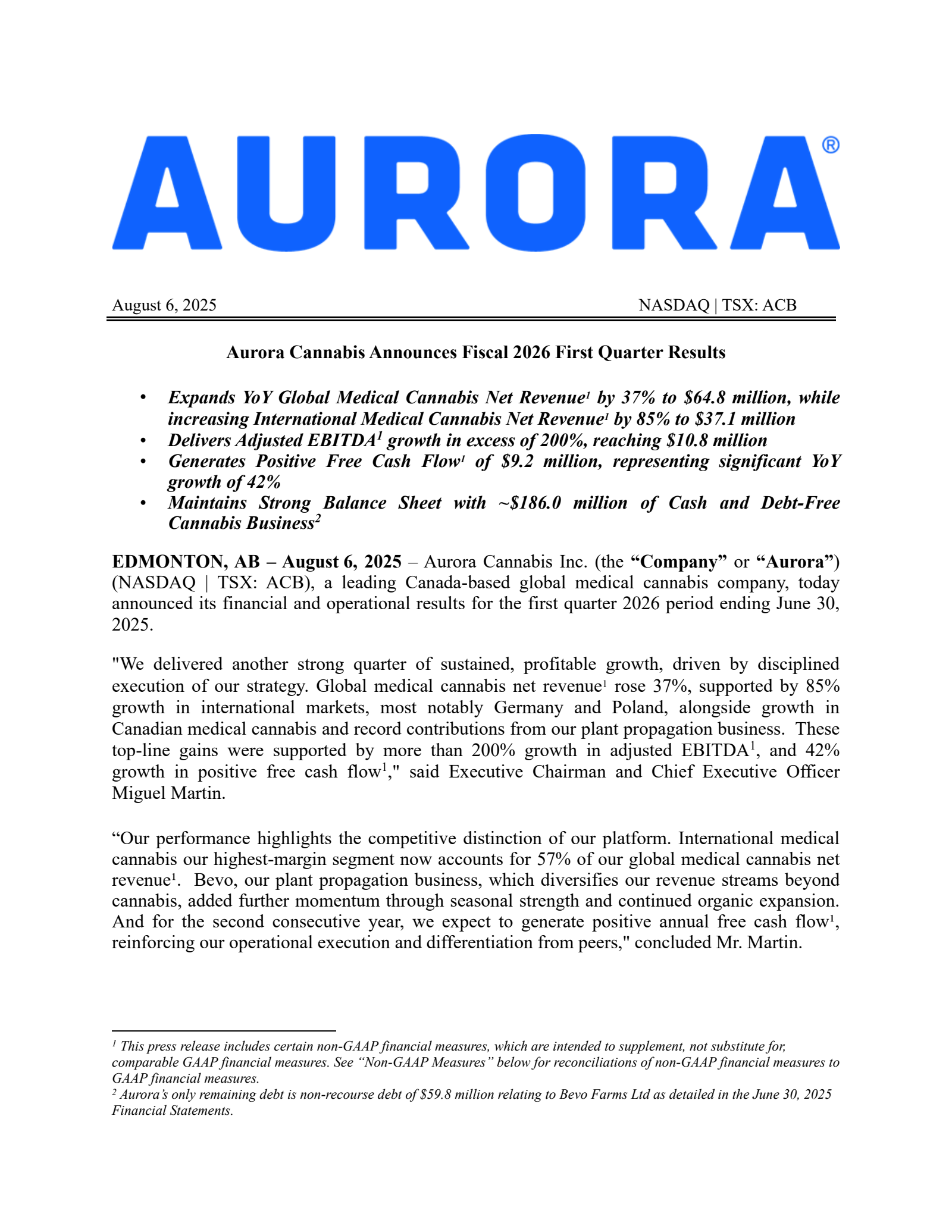 Aurora Cannabis' Q1 2026 Press Release