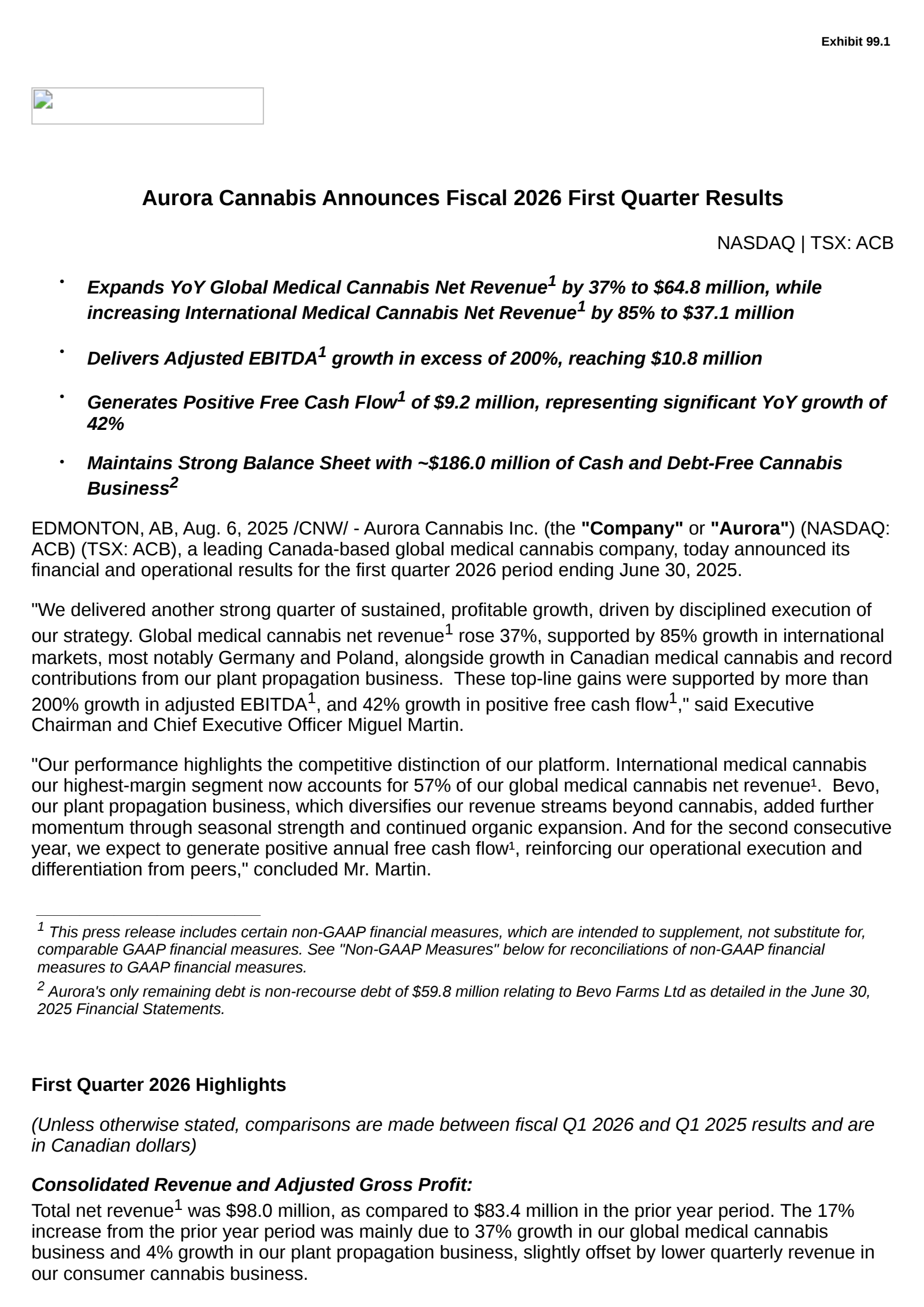 Aurora Cannabis' Q1 2026 Press Release