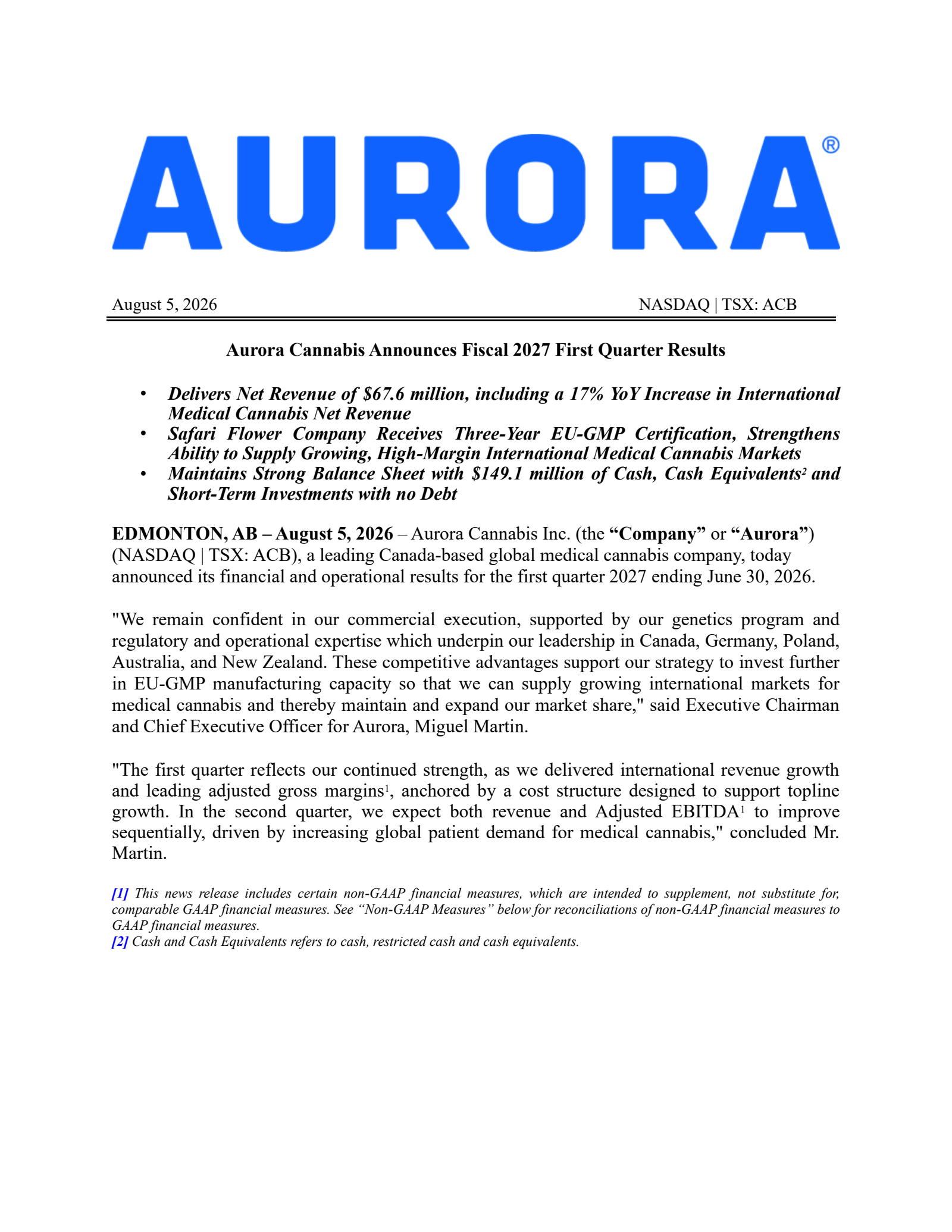 Aurora Cannabis' Q1 2027 Press Release