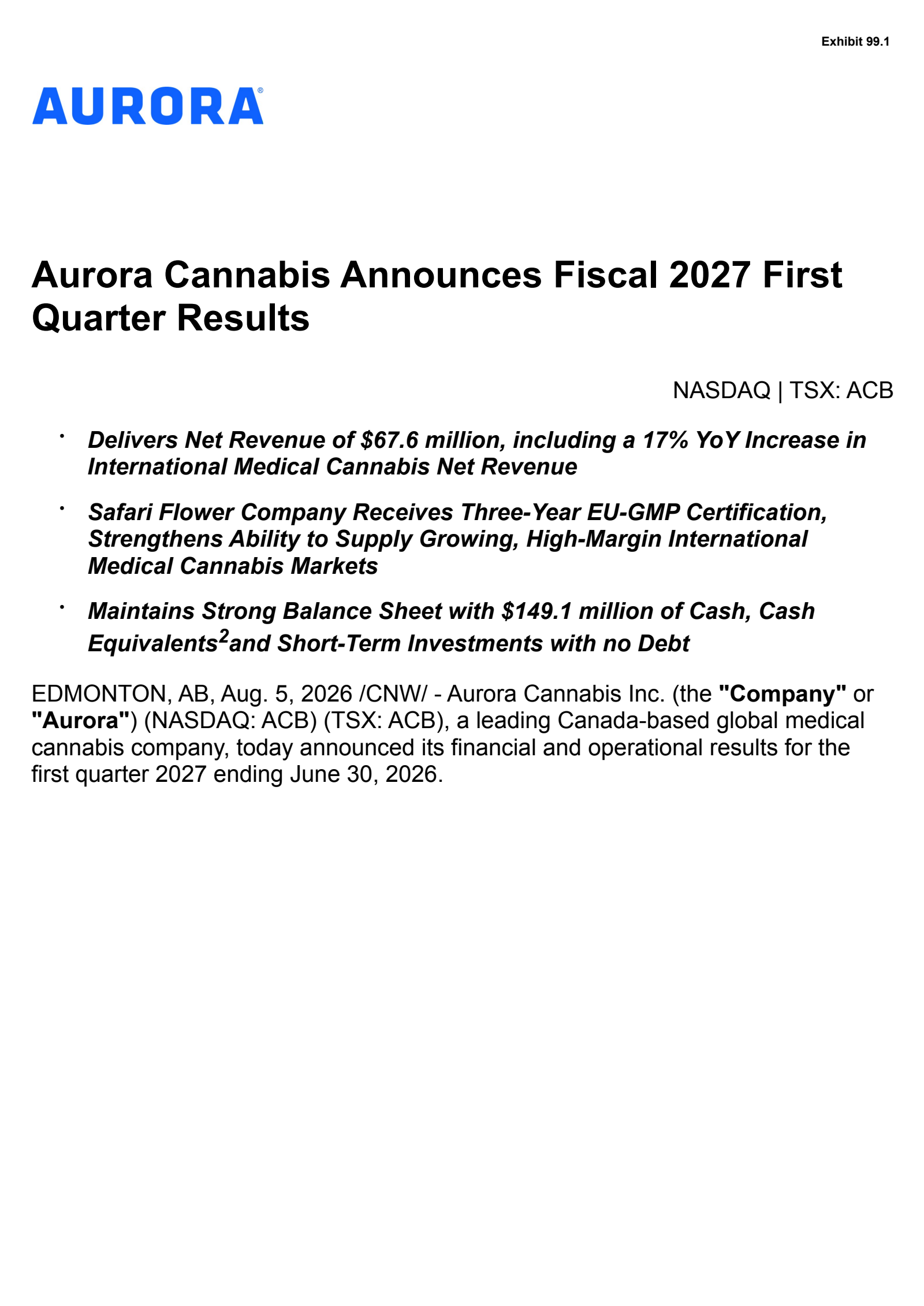 Aurora Cannabis' Q1 2027 Press Release