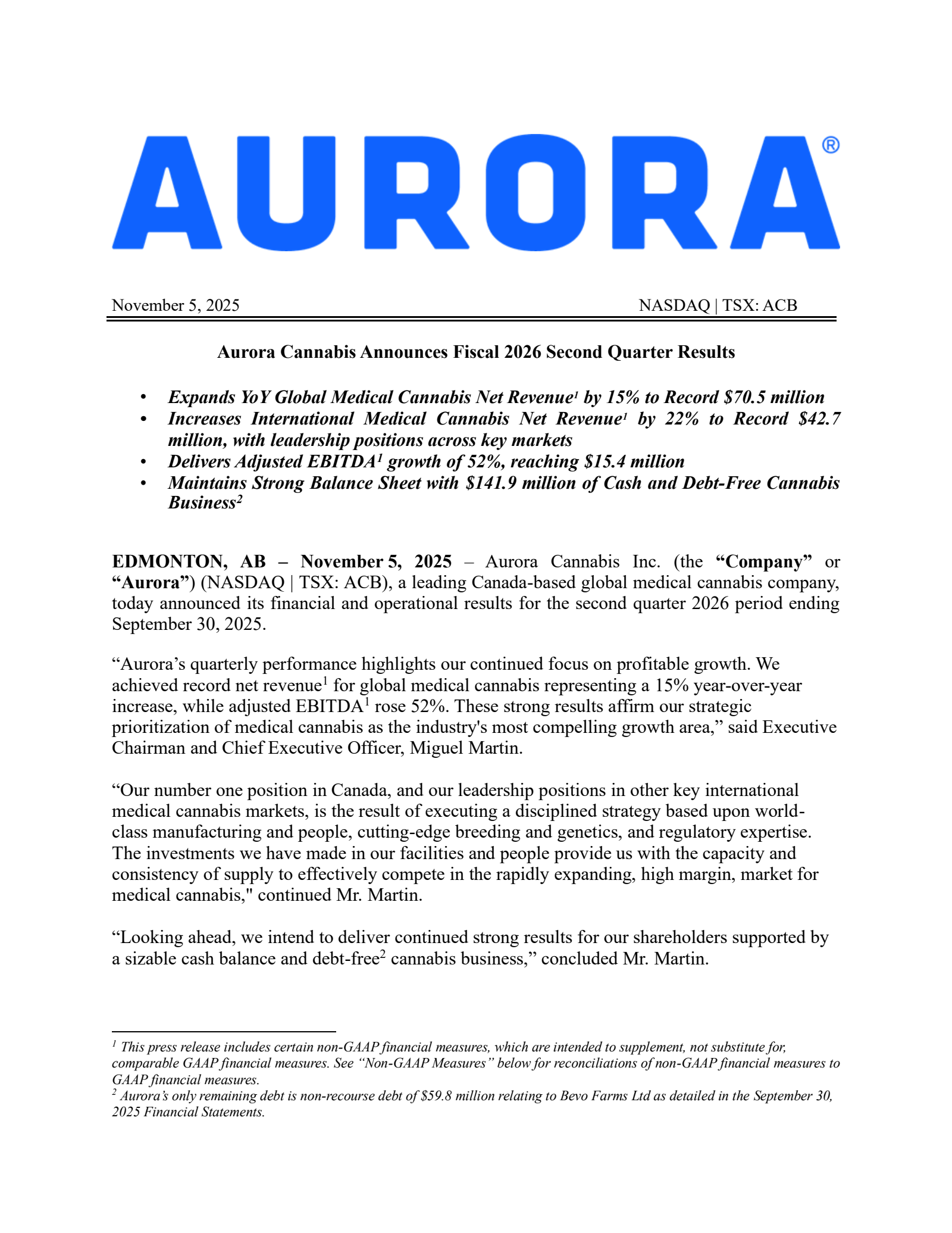 Aurora Cannabis' Q2 2026 Earnings Release