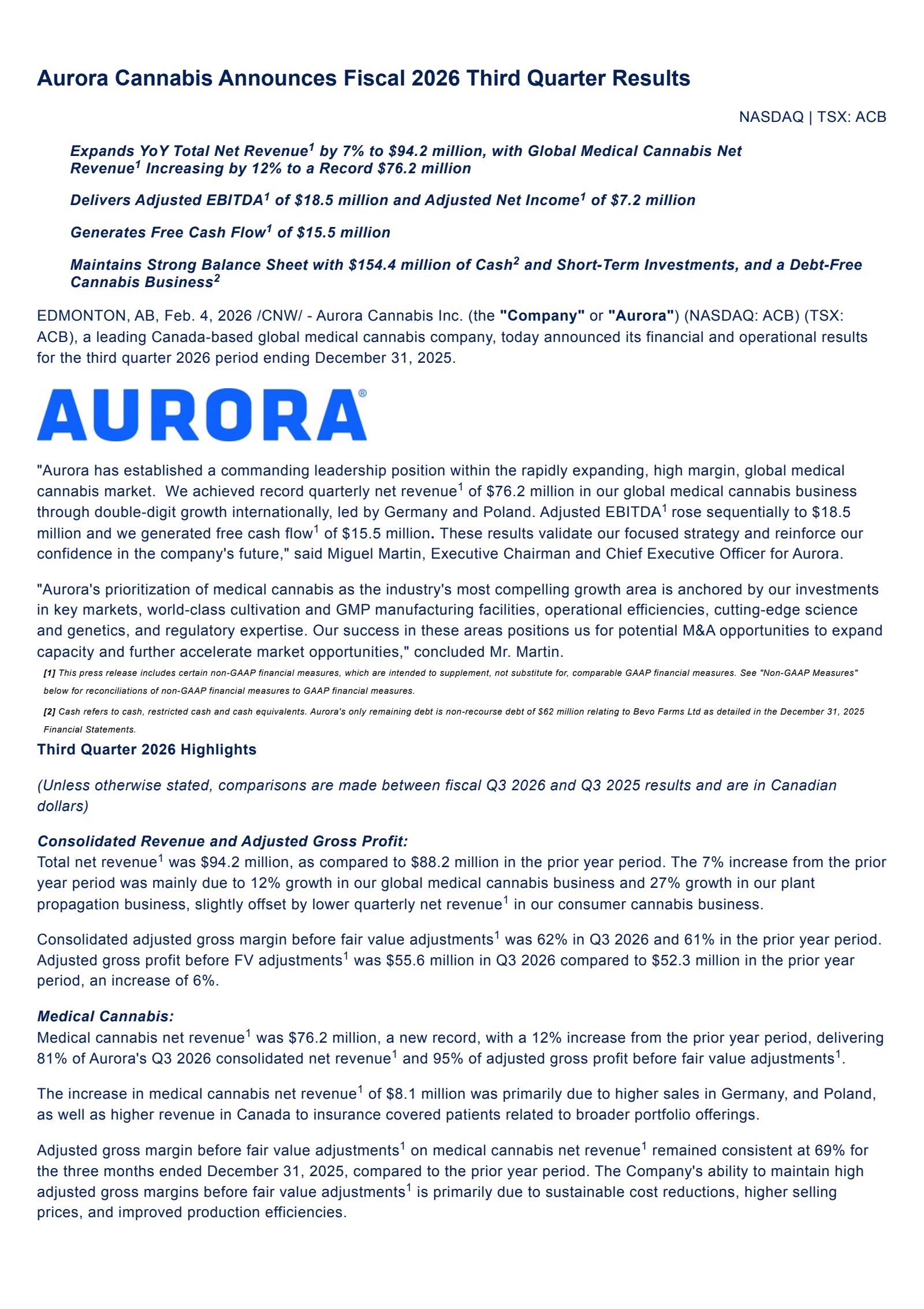 Aurora Cannabis' Q3 2026 Press Release