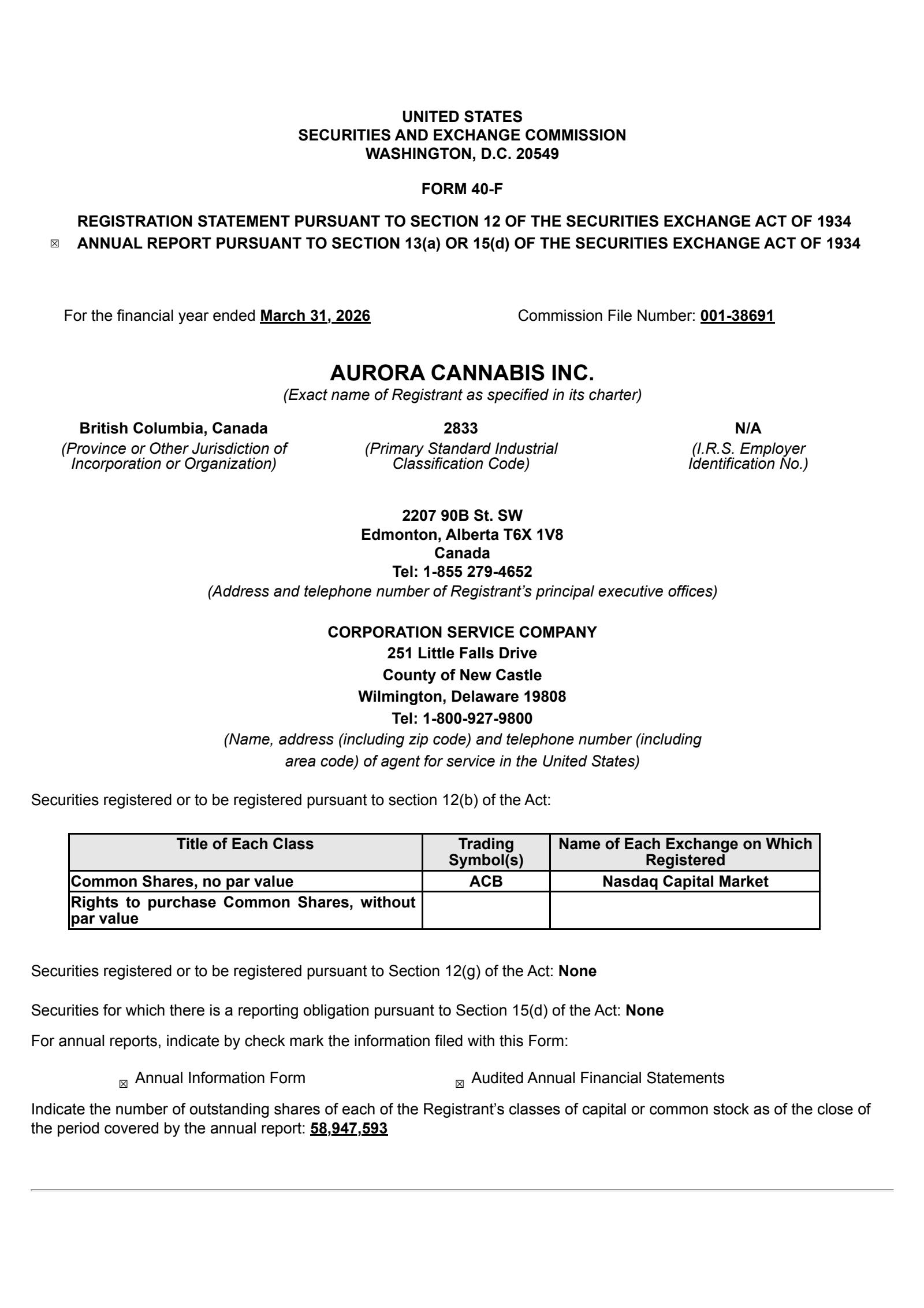 Aurora Cannabis' Q4 2026 Annual report
