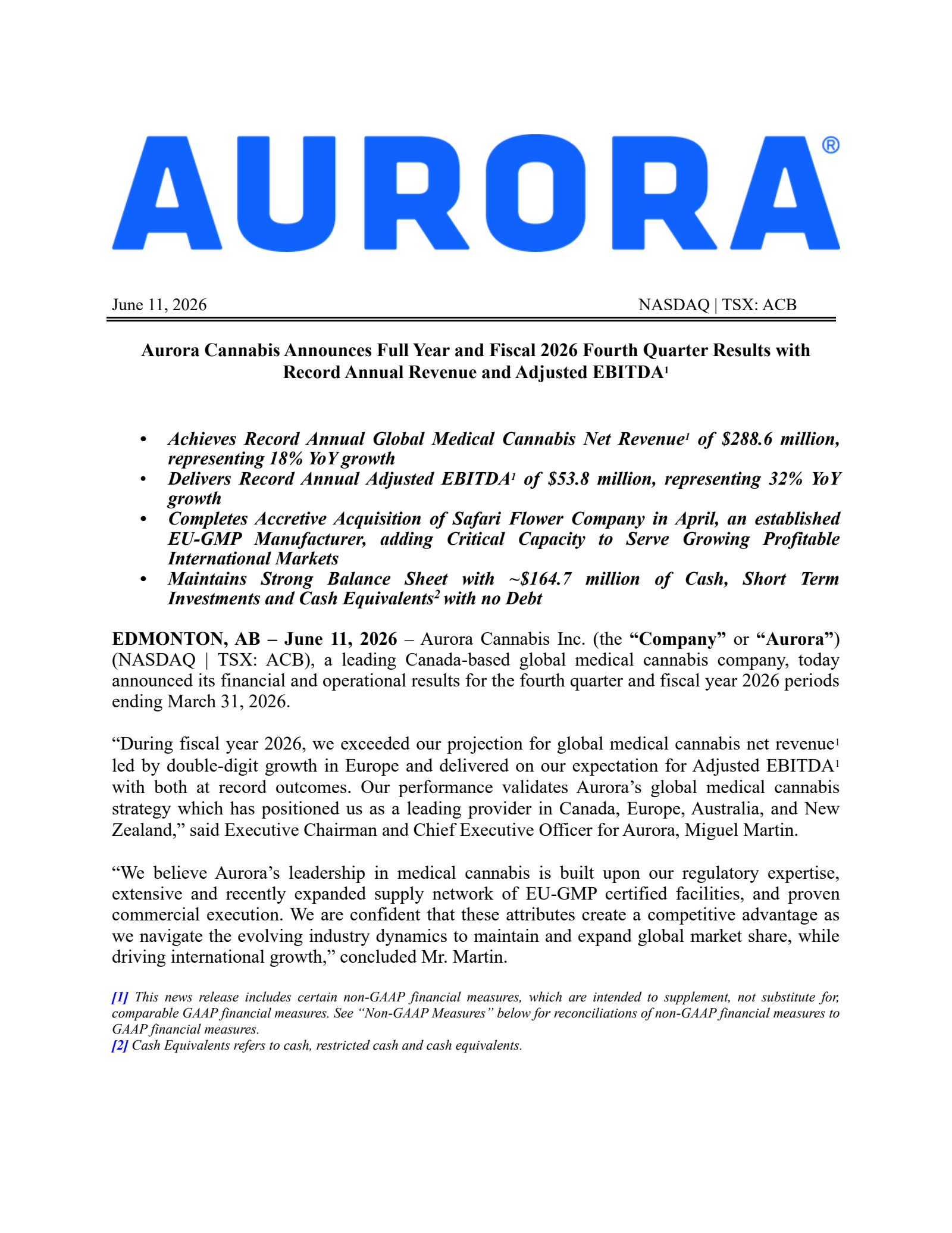 Aurora Cannabis' Q4 2026 Press Release
