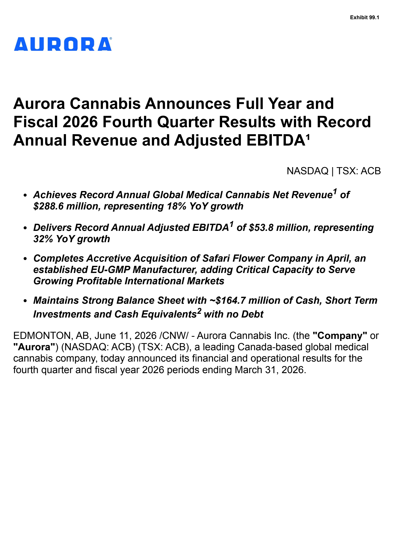 Aurora Cannabis' Q4 2026 Press Release