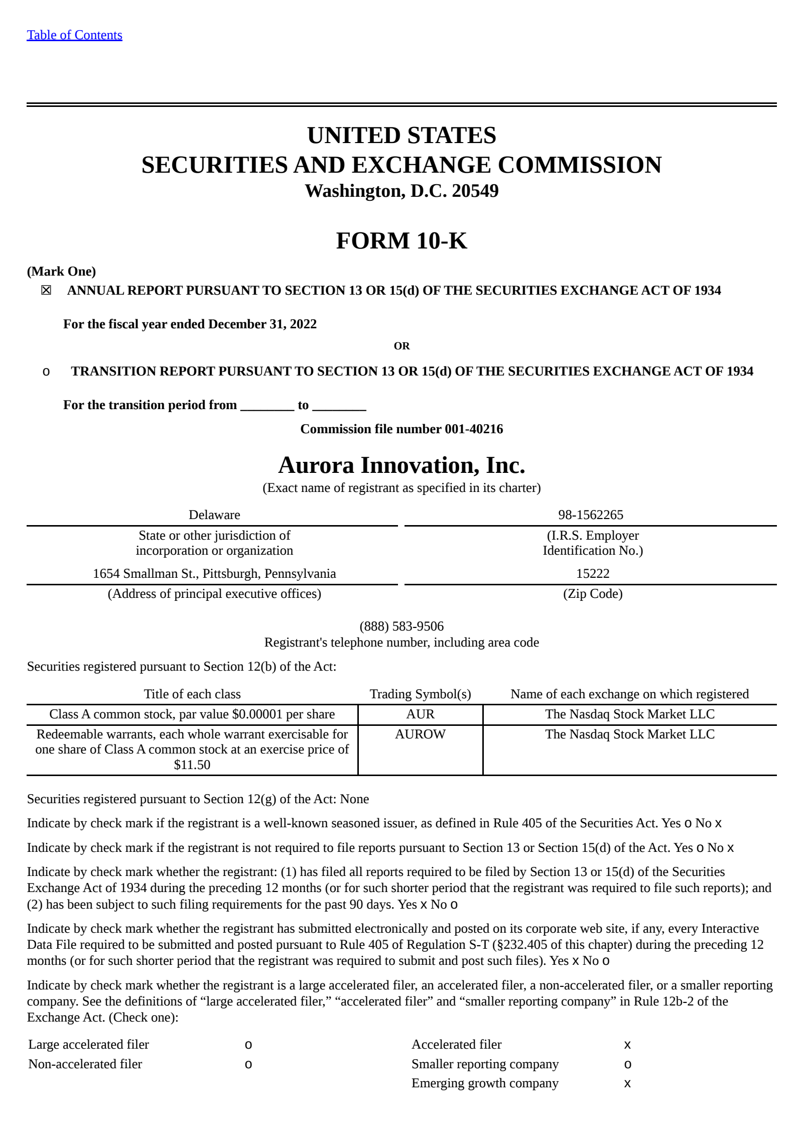 Aurora Innovation's Q4 2022 Annual report