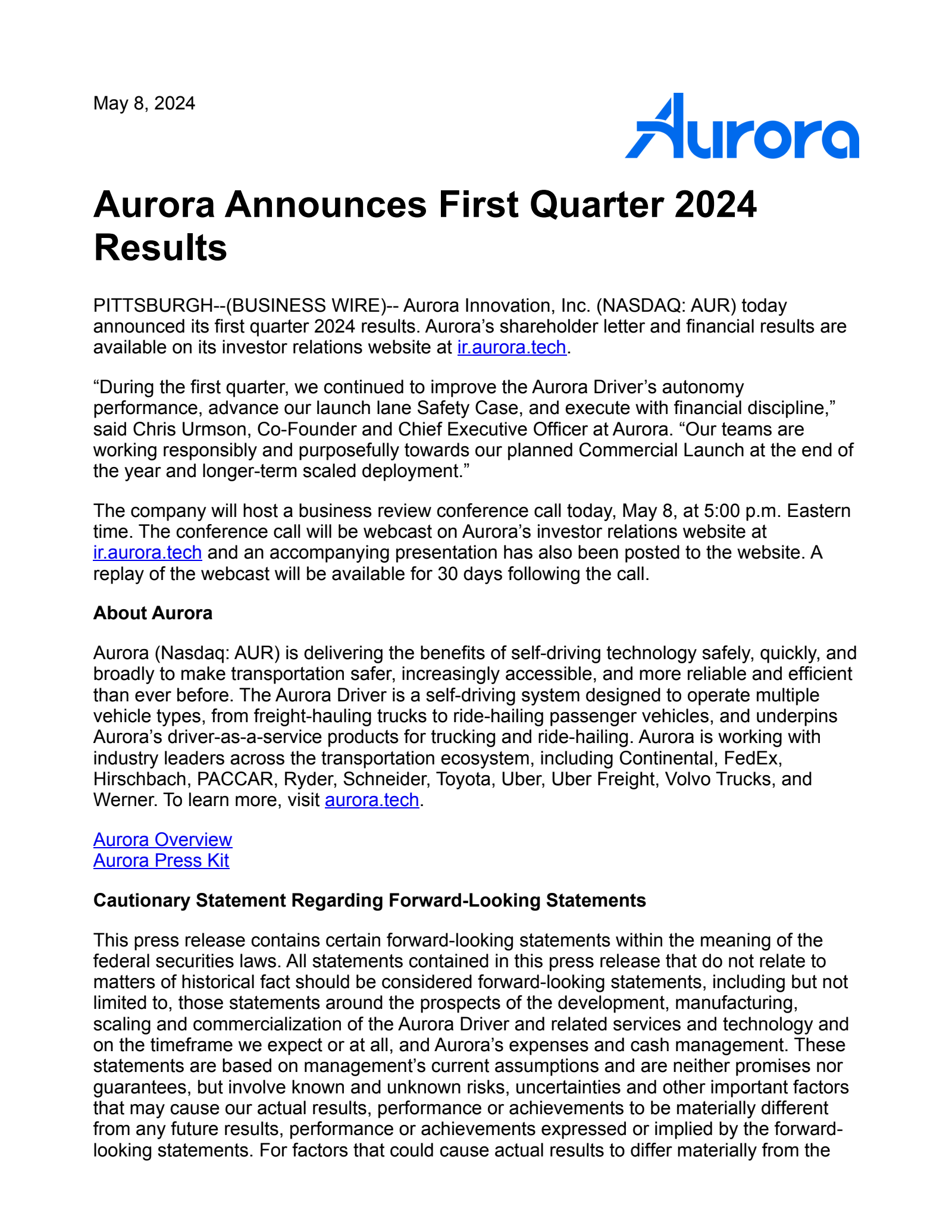 Aurora Innovation's Q1 2024 Earnings Release