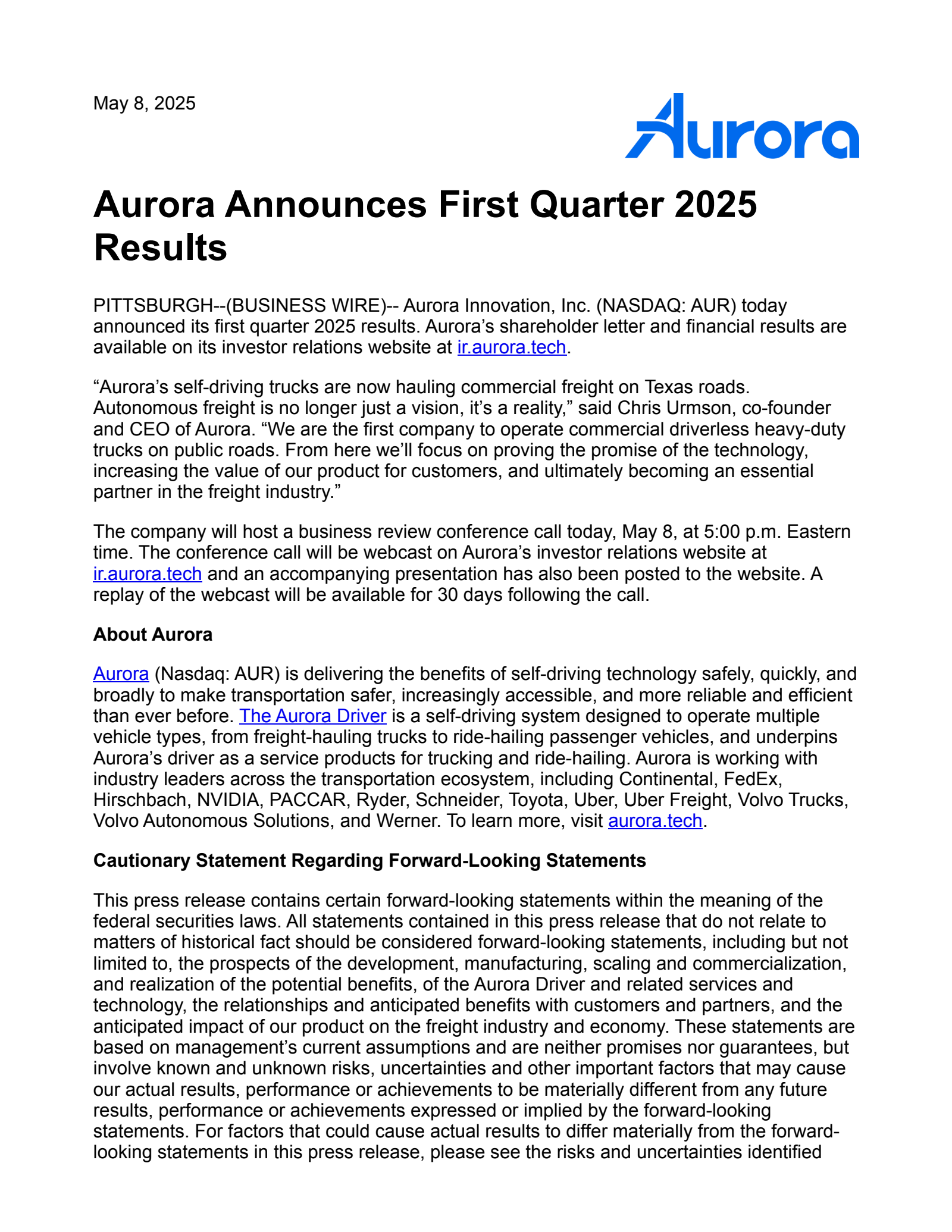 Aurora Innovation's Q1 2025 Earnings Release
