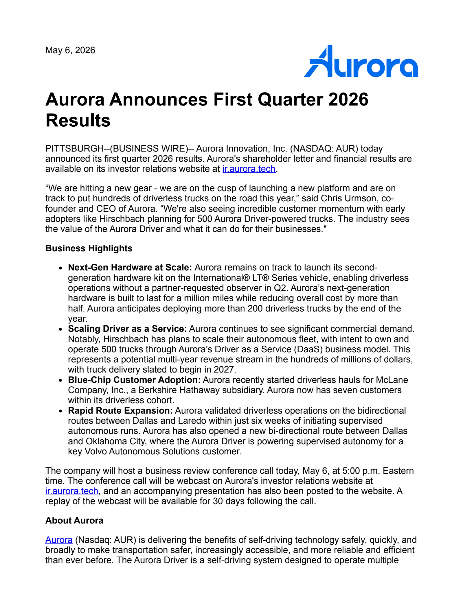 Aurora Innovation's Q1 2026 Press Release