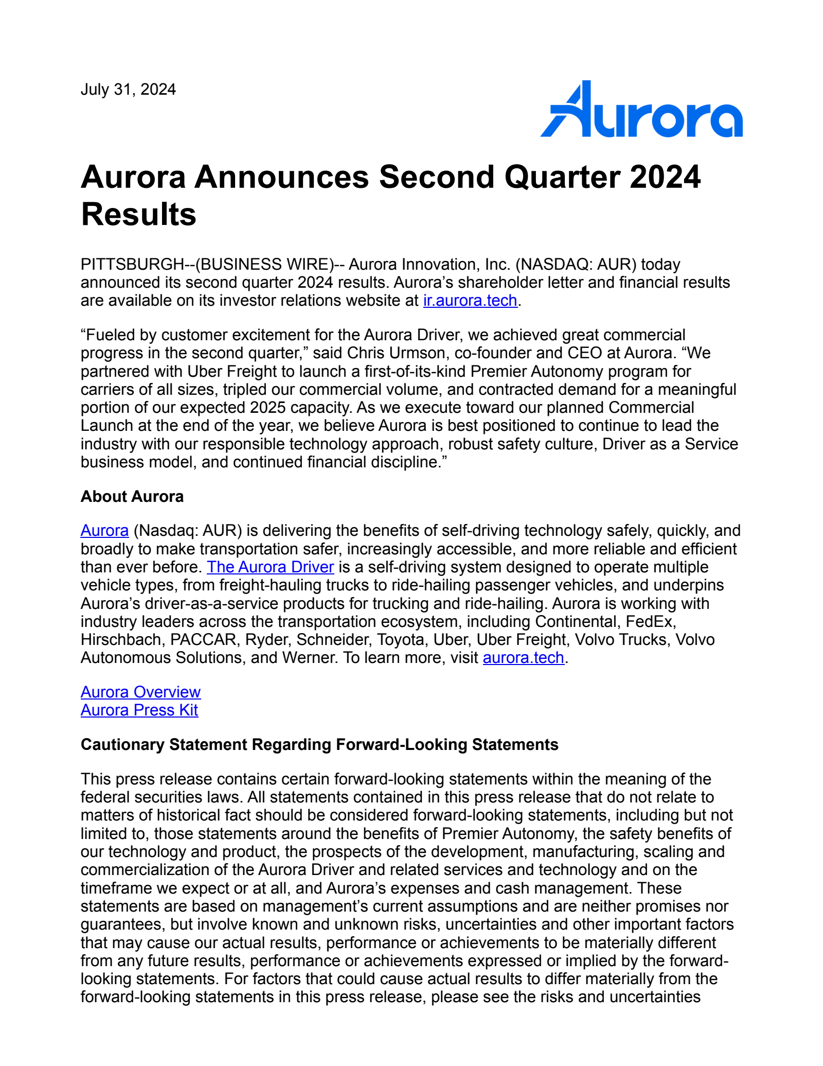 Aurora Innovation's Q2 2024 Earnings Release