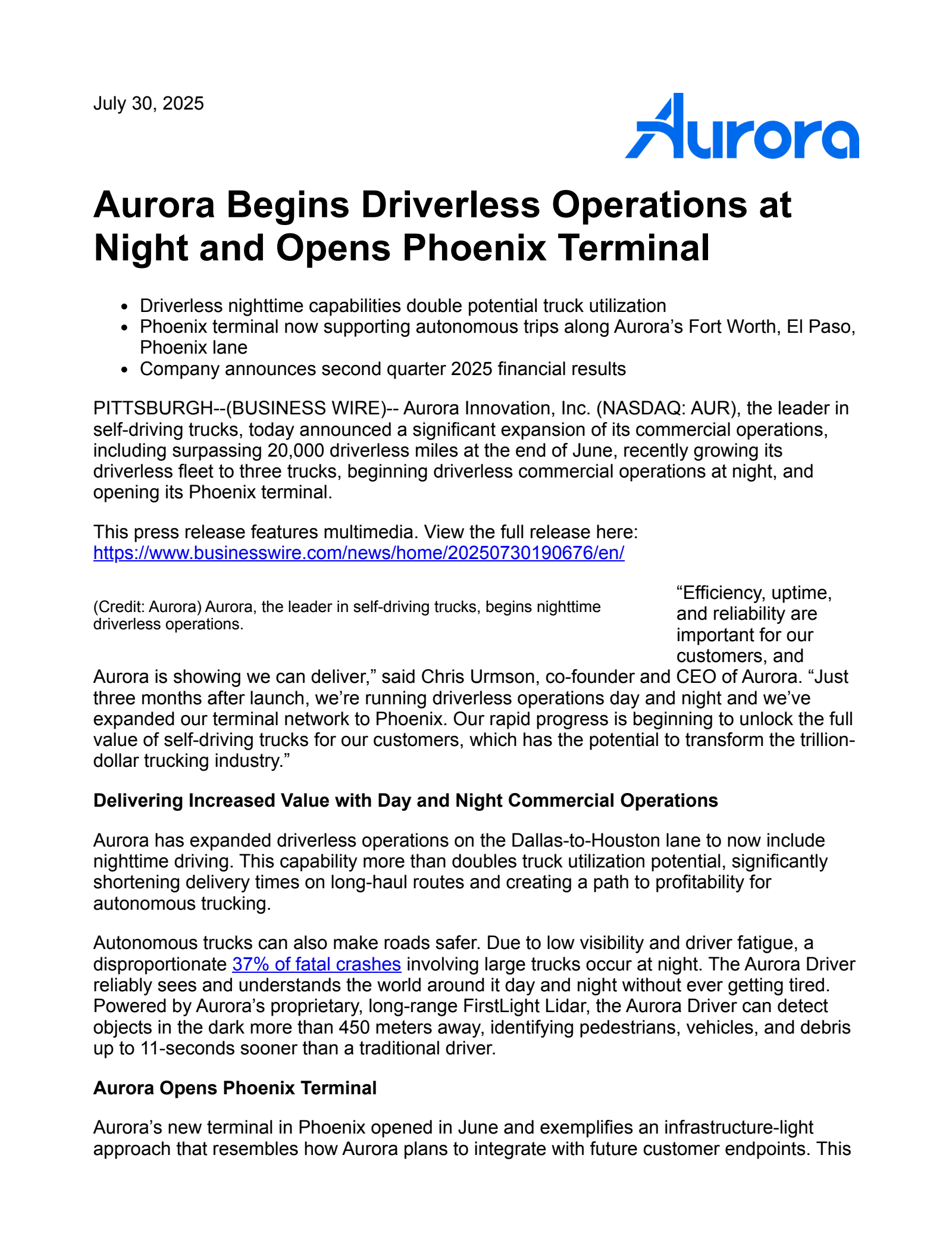 Aurora Innovation's Q2 2025 Earnings Release