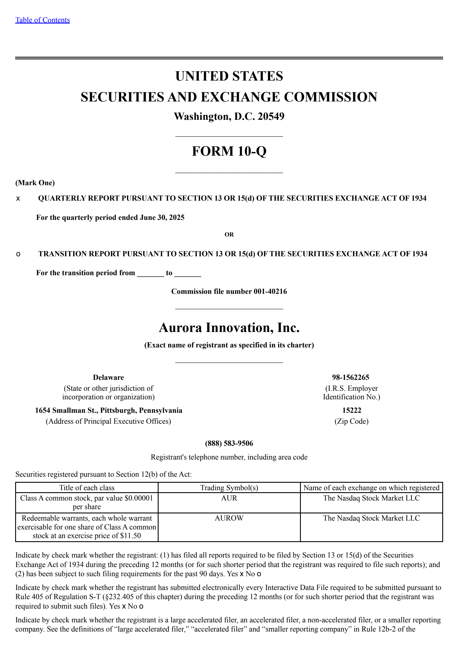 Aurora Innovation's Q2 2025 Quarterly report
