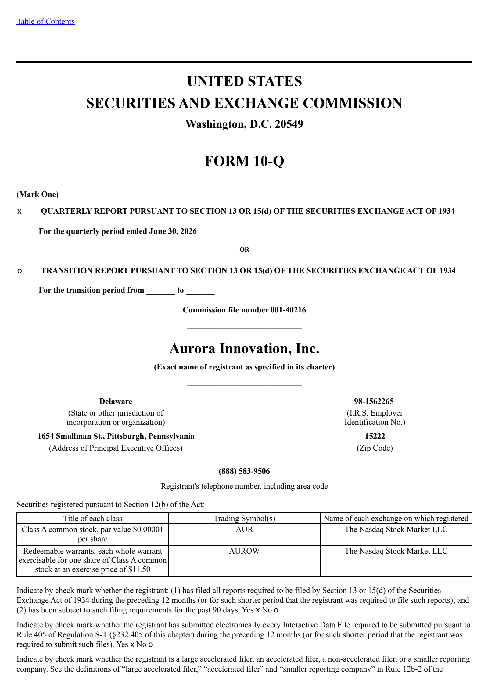 Aurora Innovation's Q2 2026 Quarterly report
