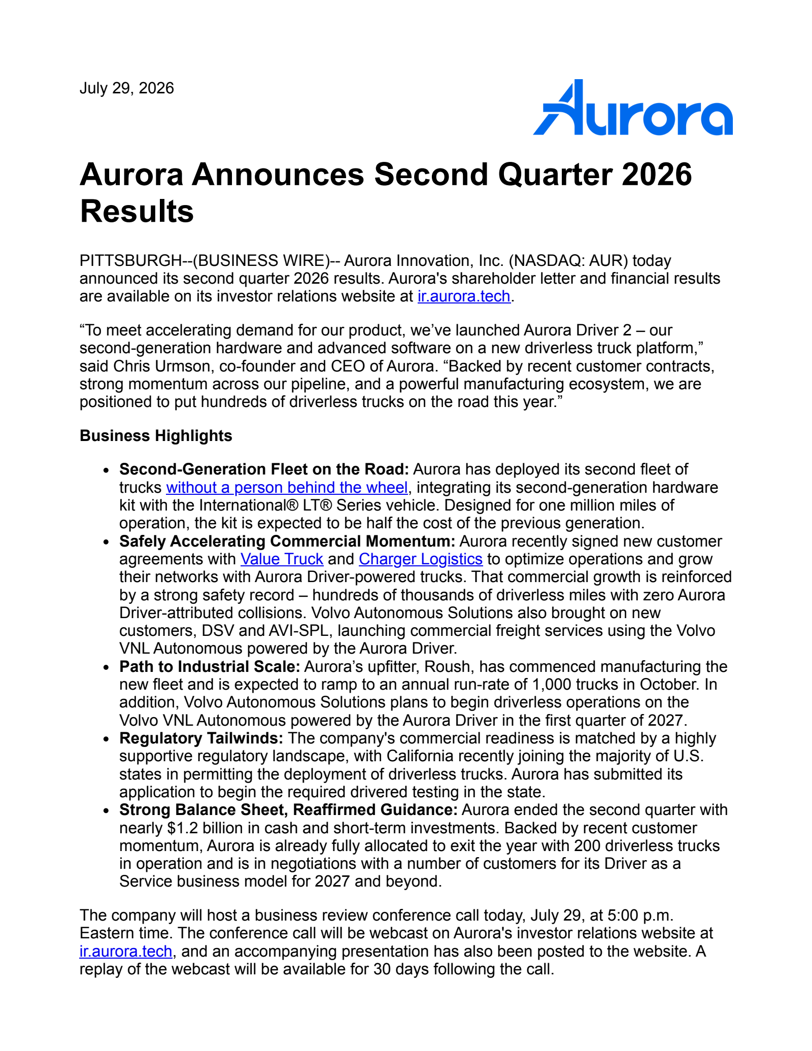 Aurora Innovation's Q2 2026 Press Release