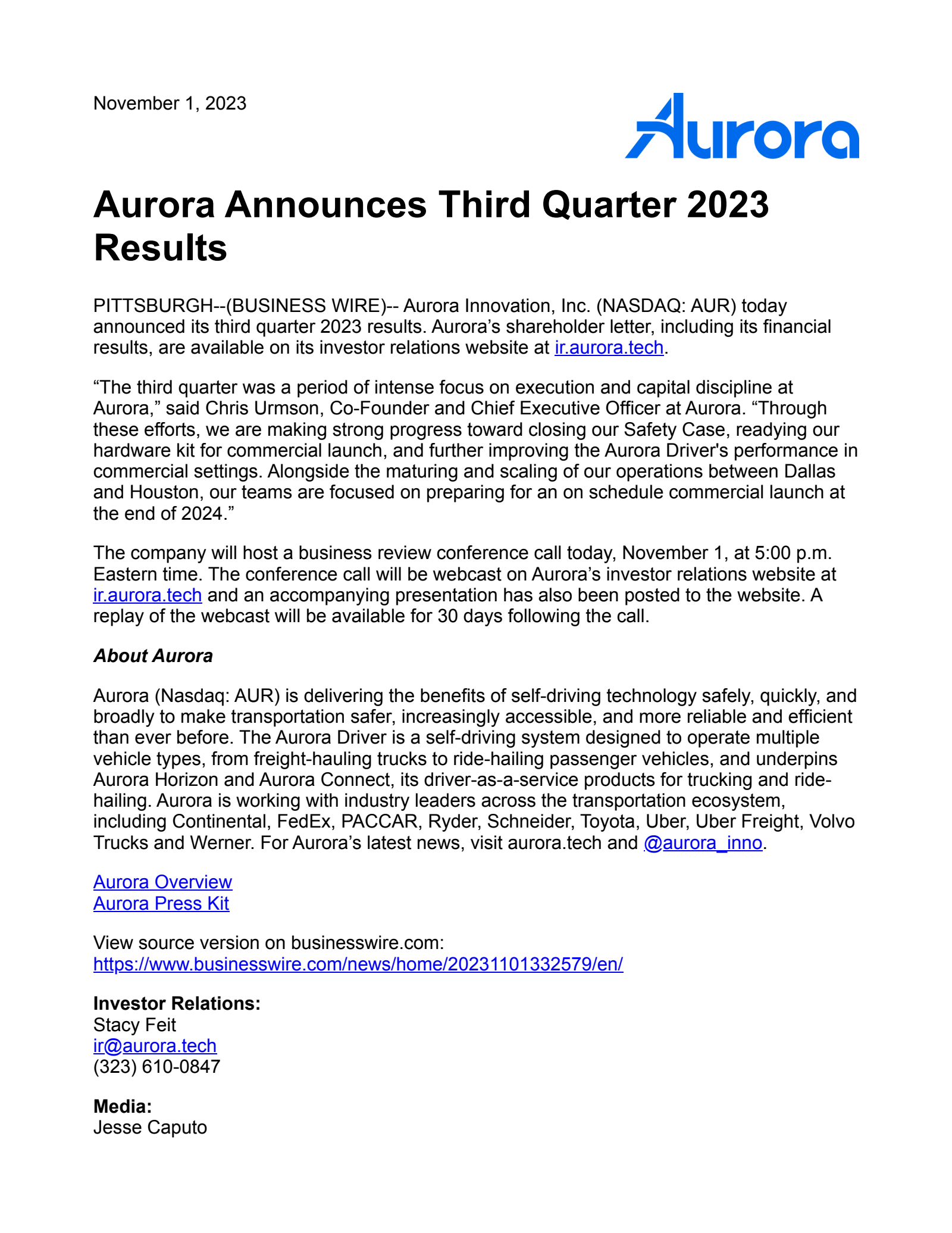 Aurora Innovation's Q3 2023 Earnings Release