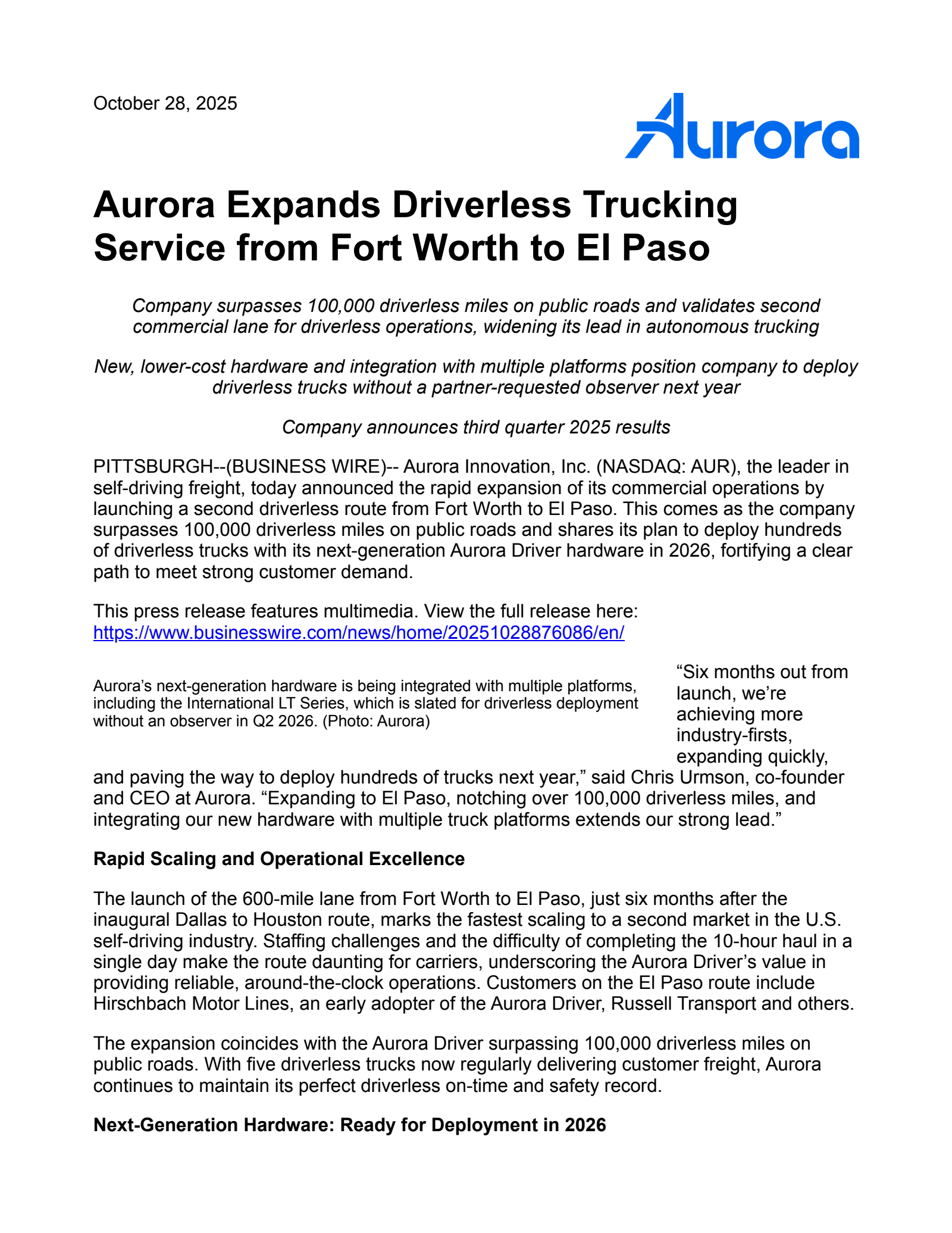 Aurora Innovation's Q3 2025 Earnings Release