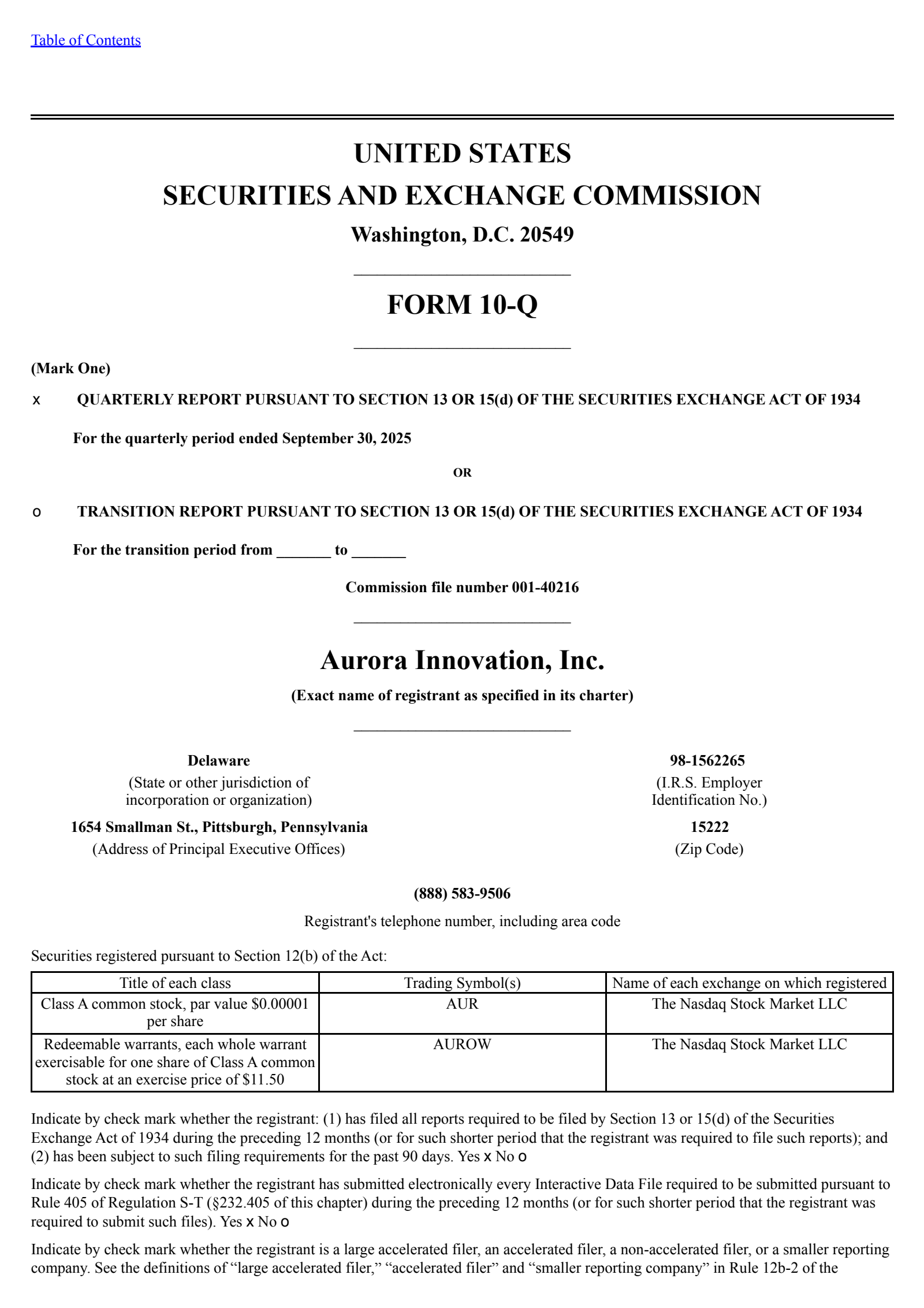 Aurora Innovation's Q3 2025 Quarterly Report