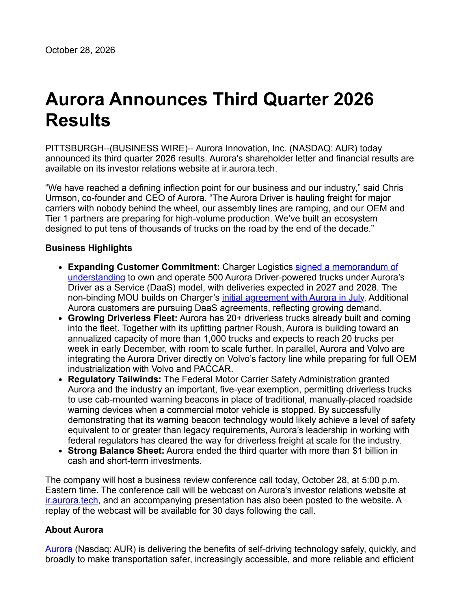 Aurora Innovation (AUR) Q3 2026 Earnings Results & Call Transcript