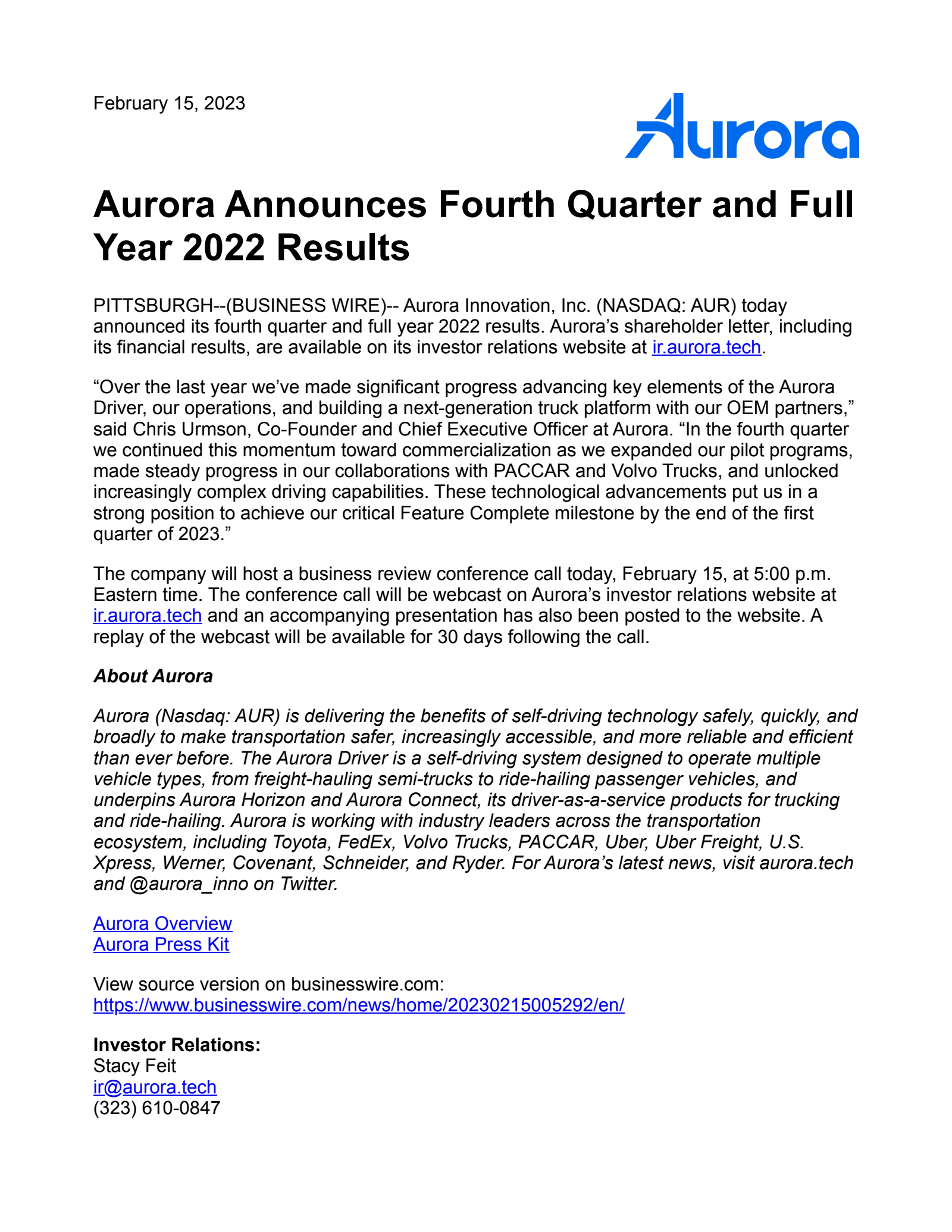 Aurora Innovation's Q4 2022 Earnings Release